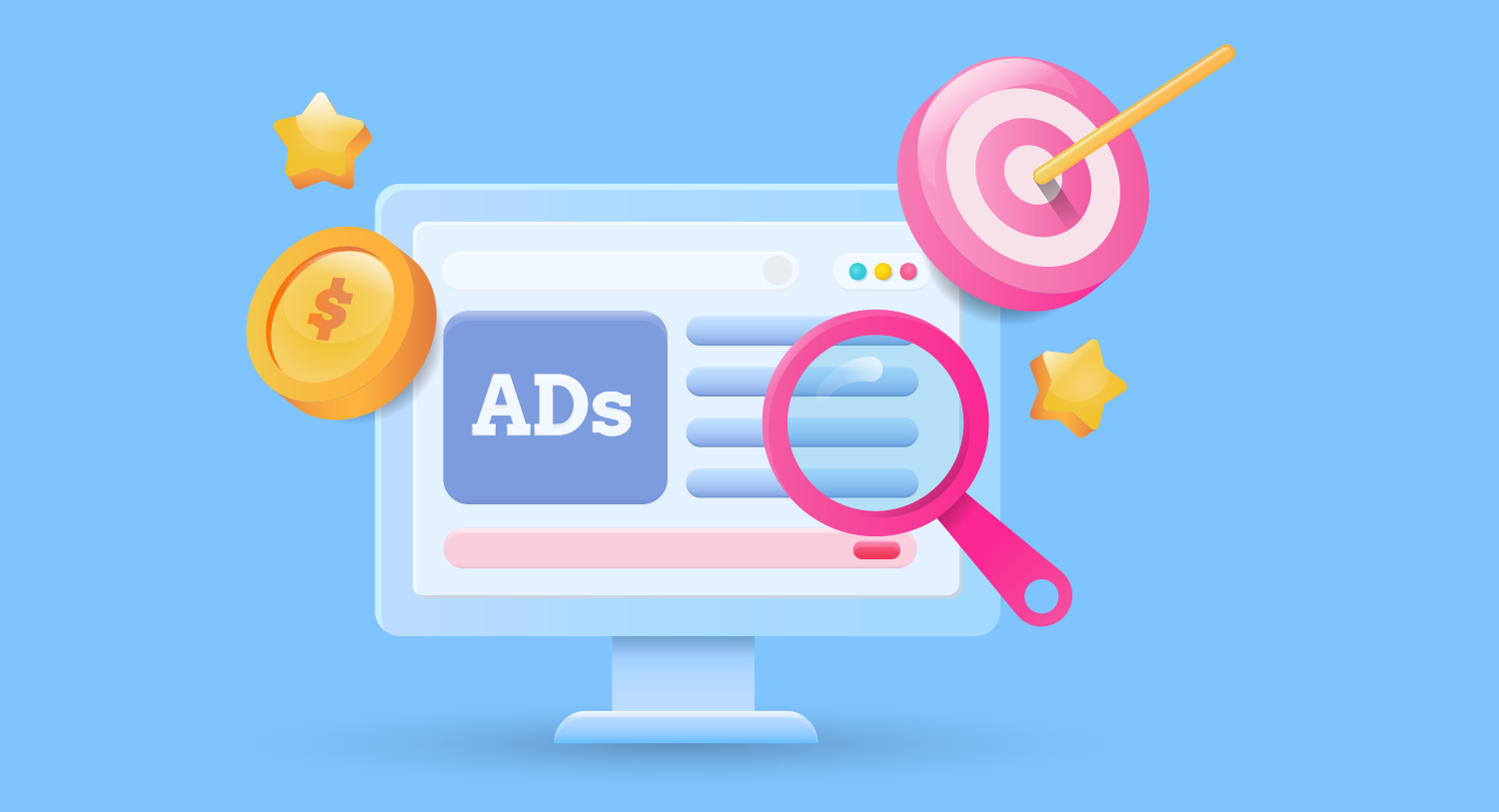 Image showing desktop computer with illustrated gold coin, star, target symbol and ad creation screen under a magnifying glass. Digital Marketing definition and beginners guide blog post.