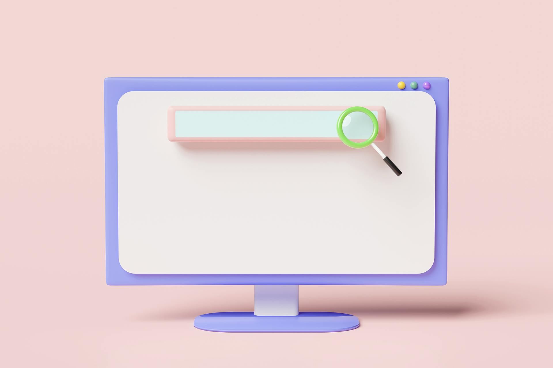 Vaaleanpunaisella taustalla oleva tietokone, jonka näytöllä on hakukoneen hakukenttä