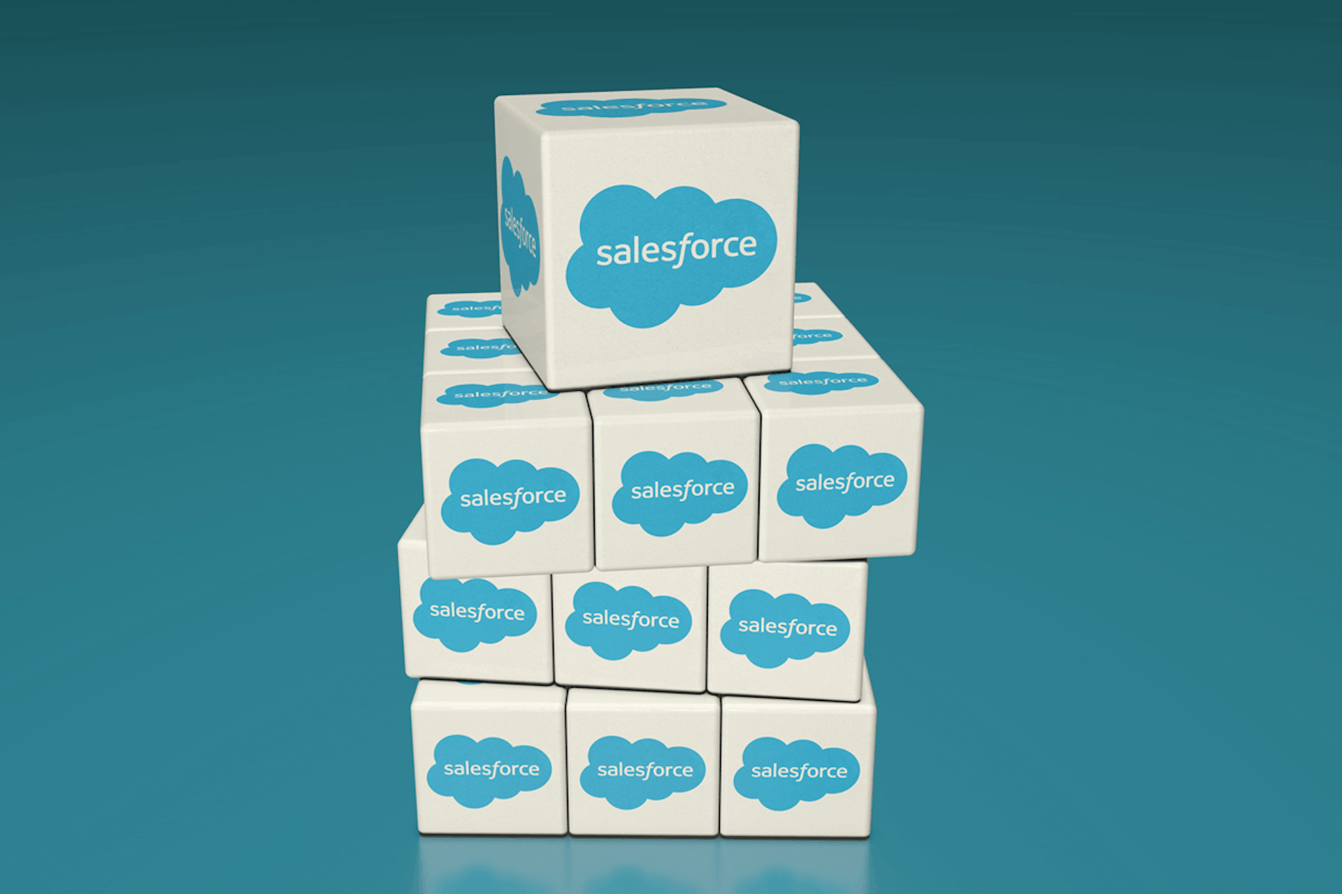 A pile of cubes, each with the Salesforce logo on every face as the title image for our blog talking about the Salesforce Social Studio sunset.