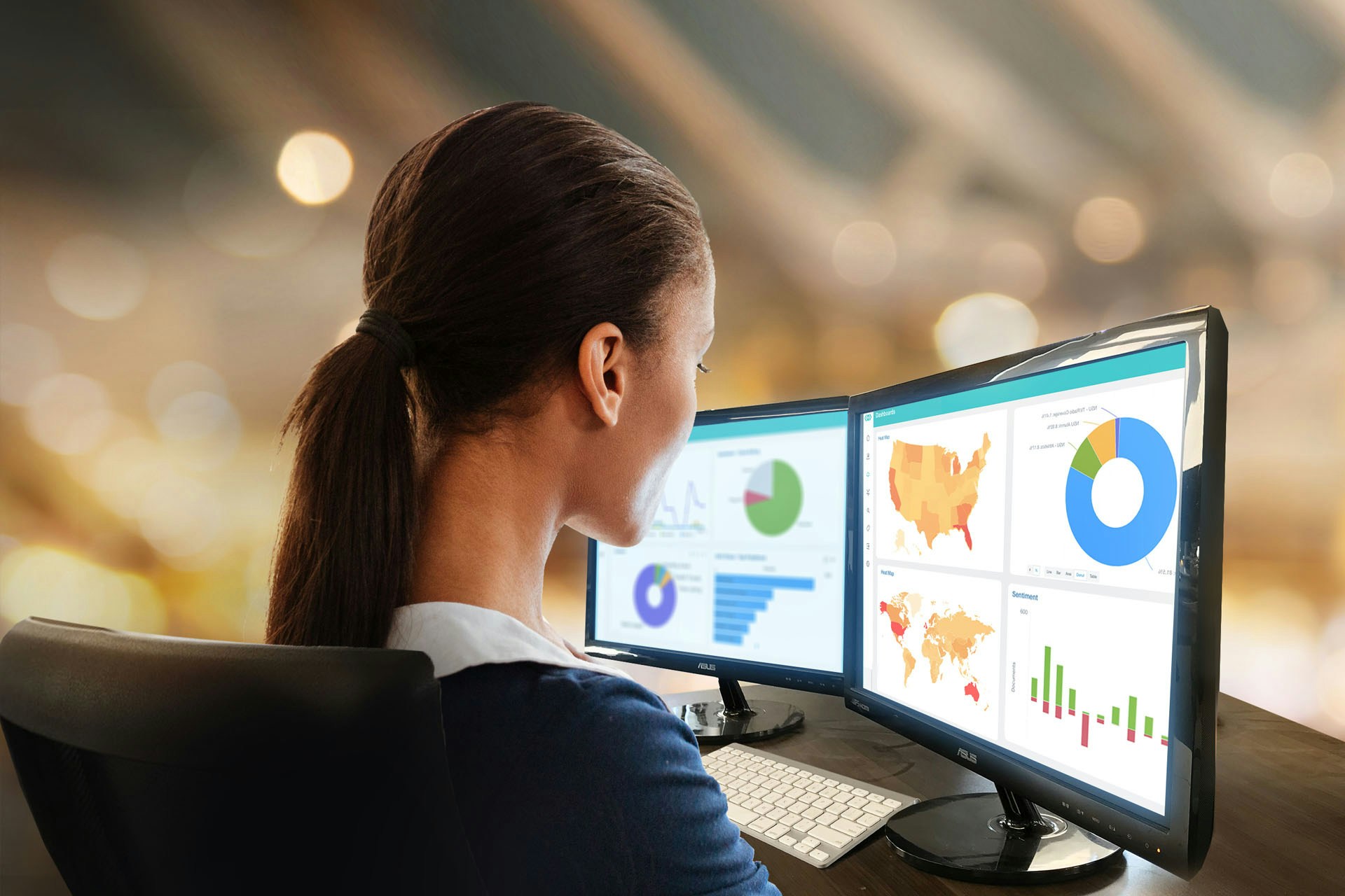 Woman looking at Meltwater Dashboards on her two Screens