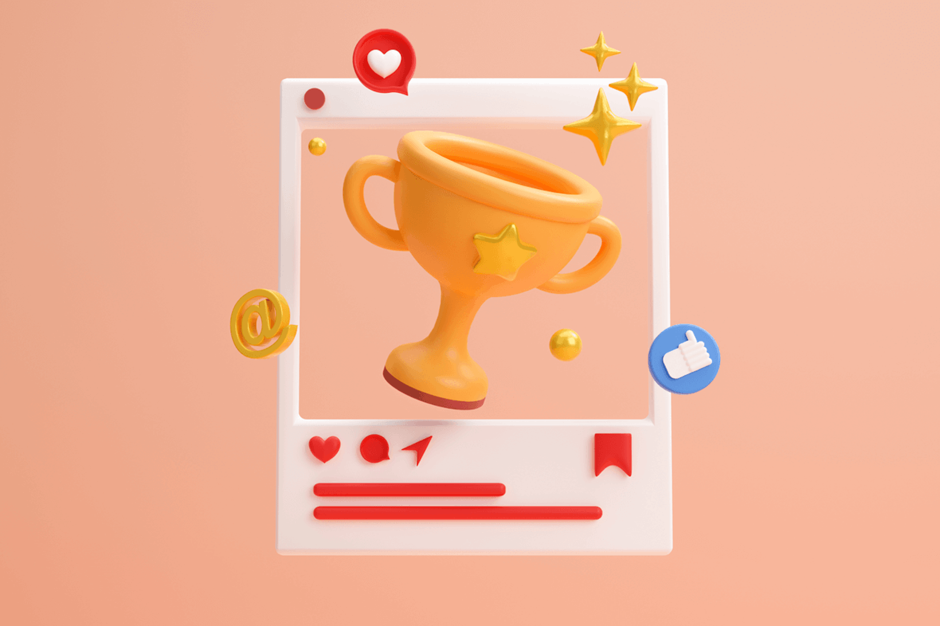 Illustration showing a big yellow trophy inside a social media post, surrounded by social media symbols and stars. Top social media campaigns 2023