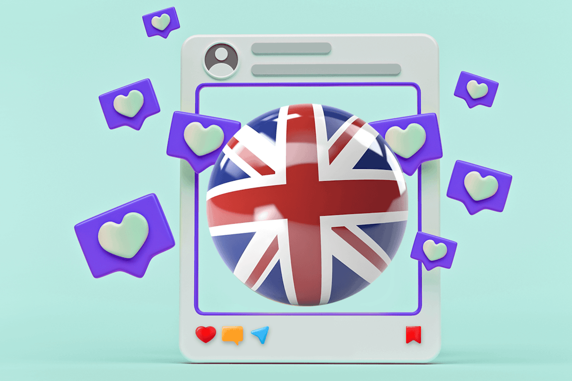 3D illustration of the UK flag within an IG post for our blog with the top UK influencers