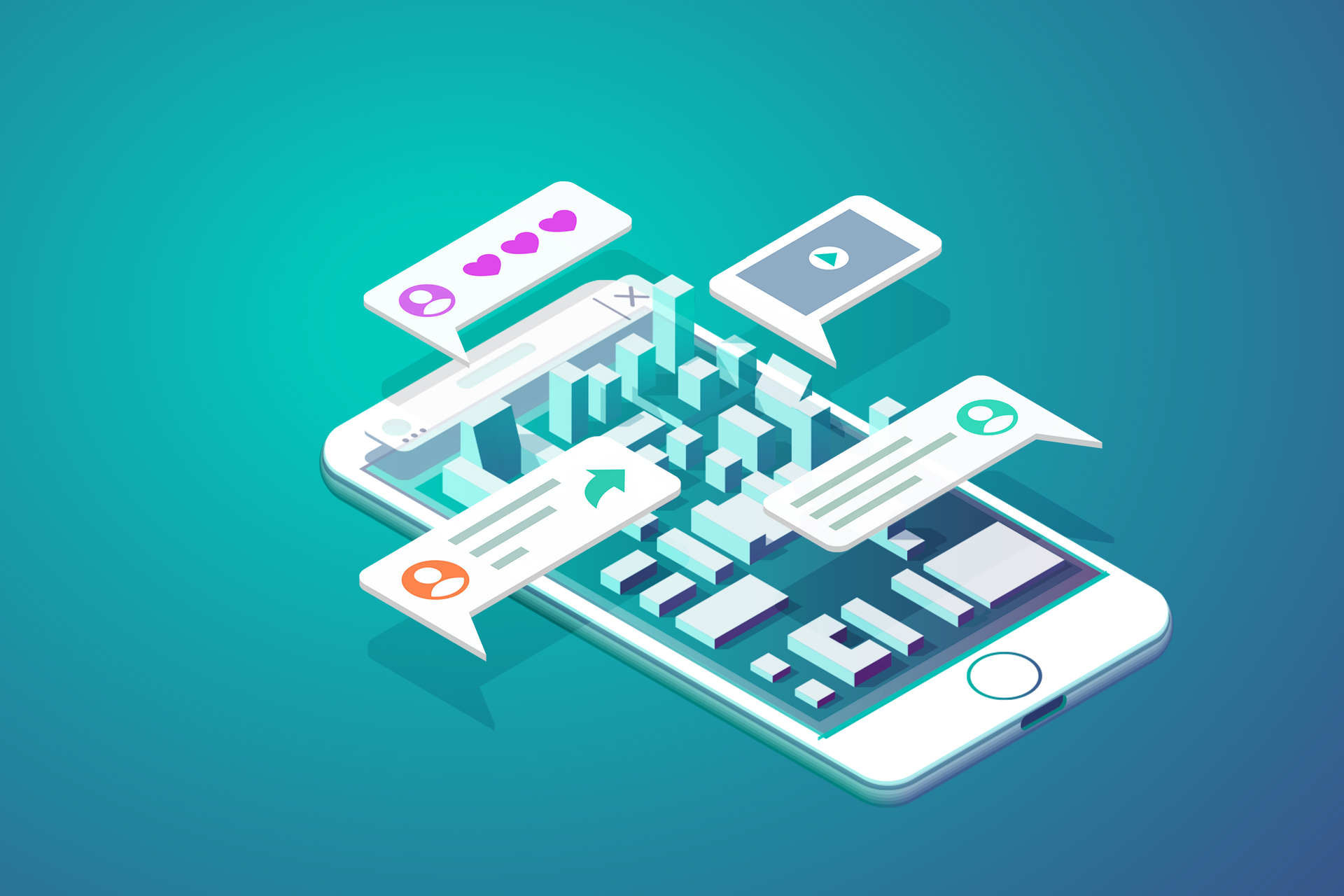 Illustration of an iPhone with various floating icons above it