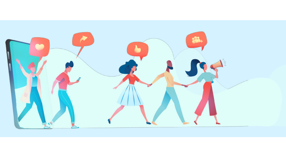 An illustration of a line of people walking out of a screen. Above their heads are various social media symbols