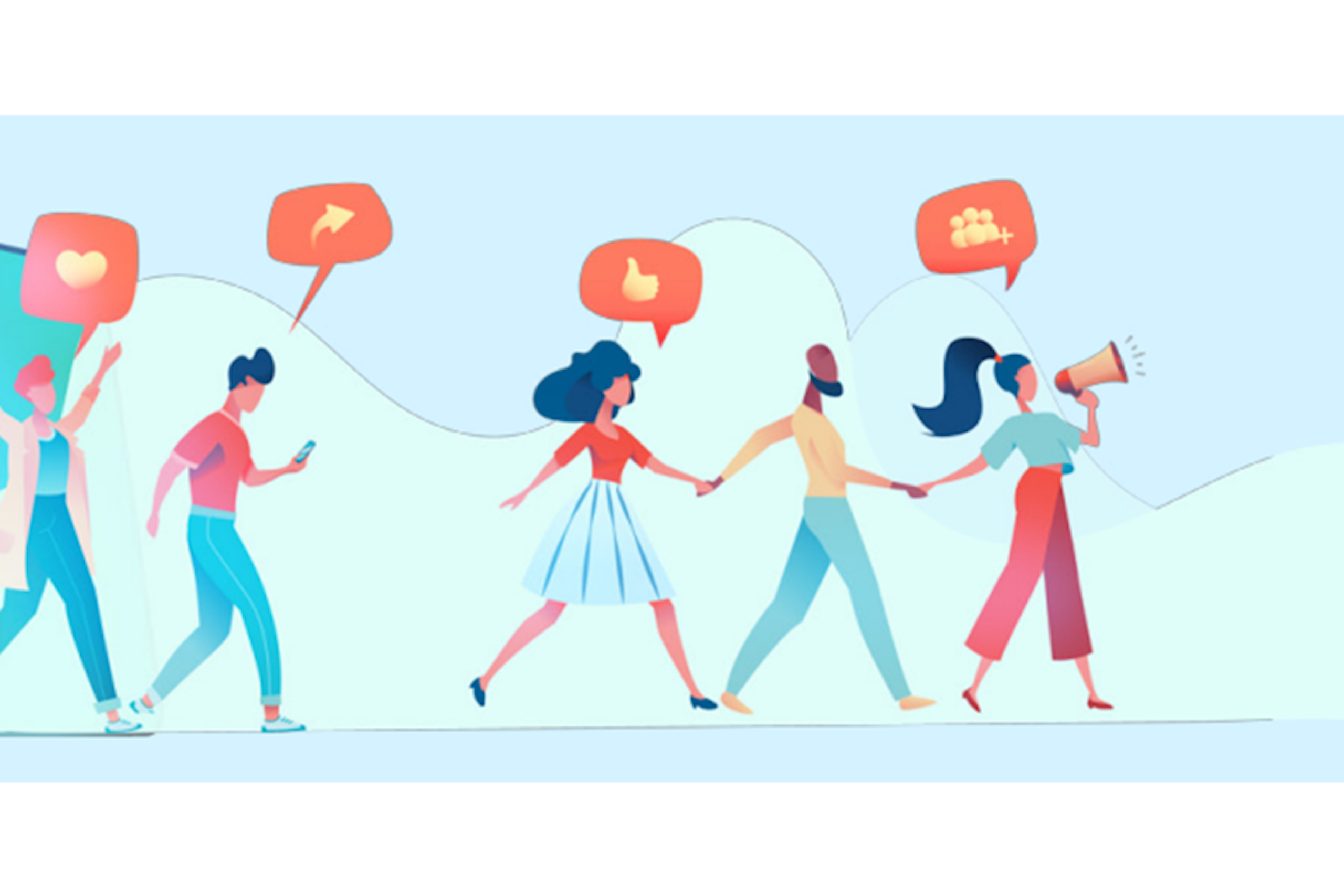 An illustration of a line of people walking out of a screen. Above their heads are various social media symbols