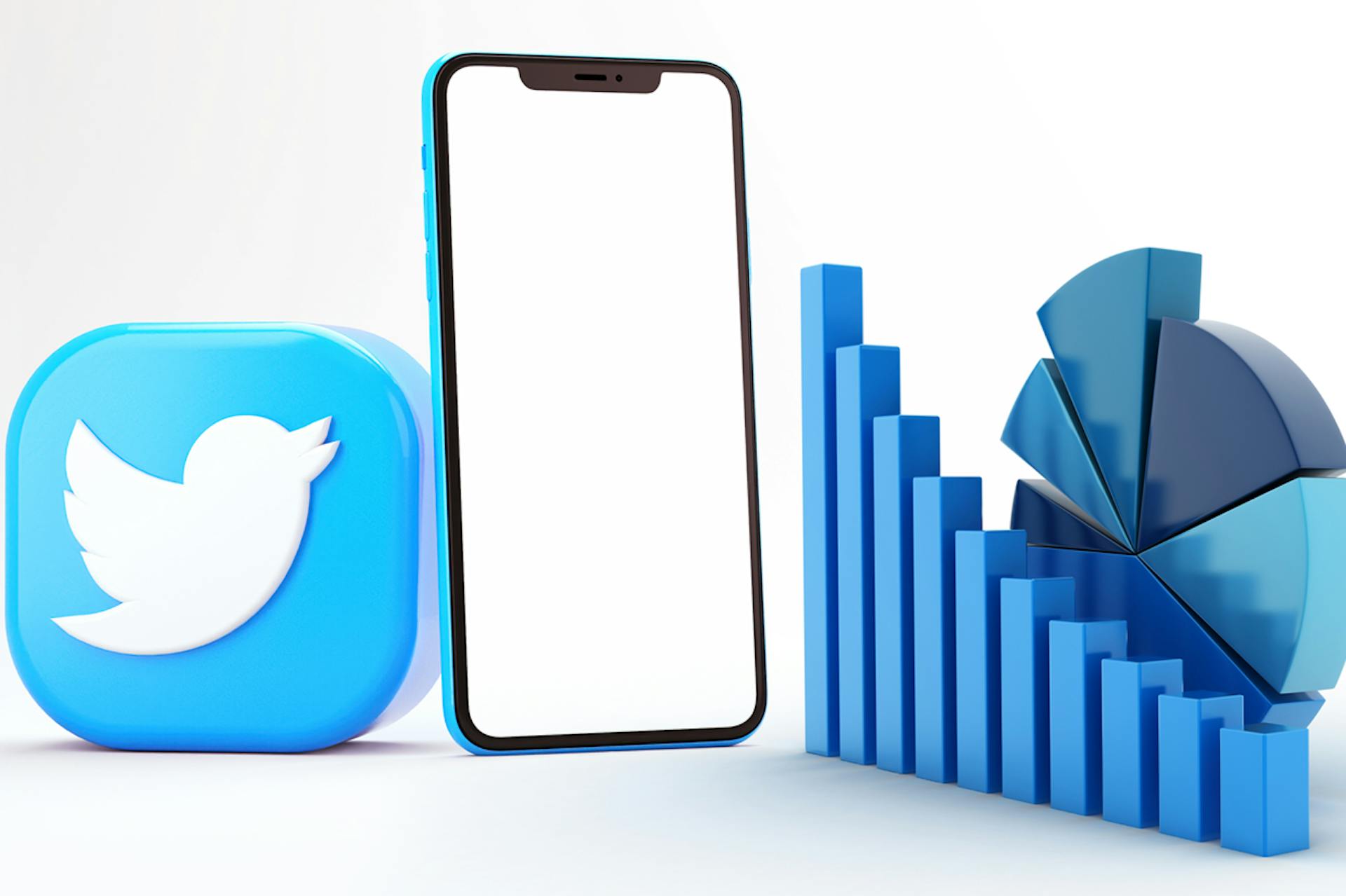 Illustrated Twitter logo, smartphone, and Twitter analytics graph. Analytics for Twitter blog post