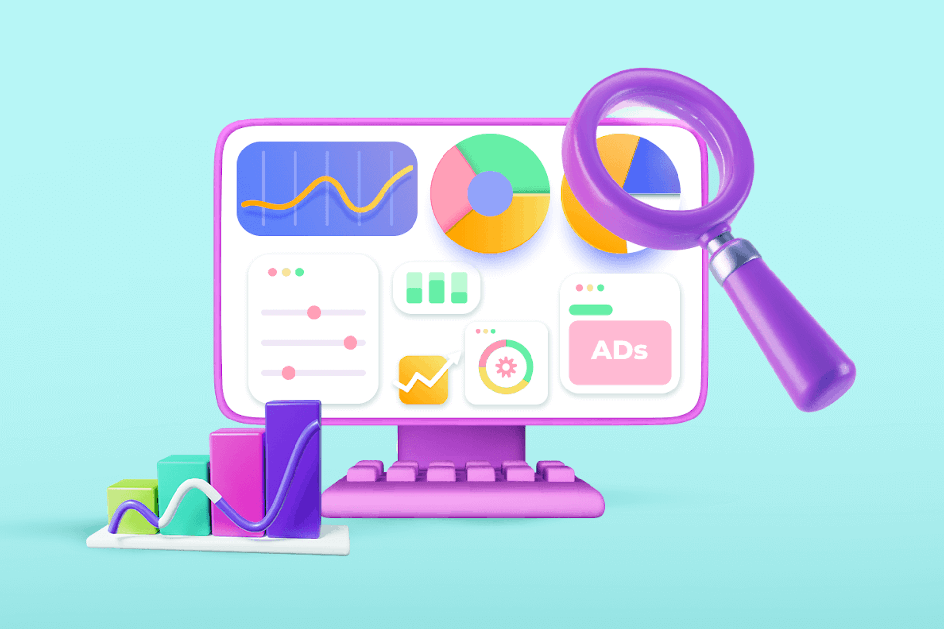 Illustration showing a large desktop computer with several icons and graphs on the screen. A large purple magnifying glass hovers over the top right corner of the screen. Market research tools blog post.