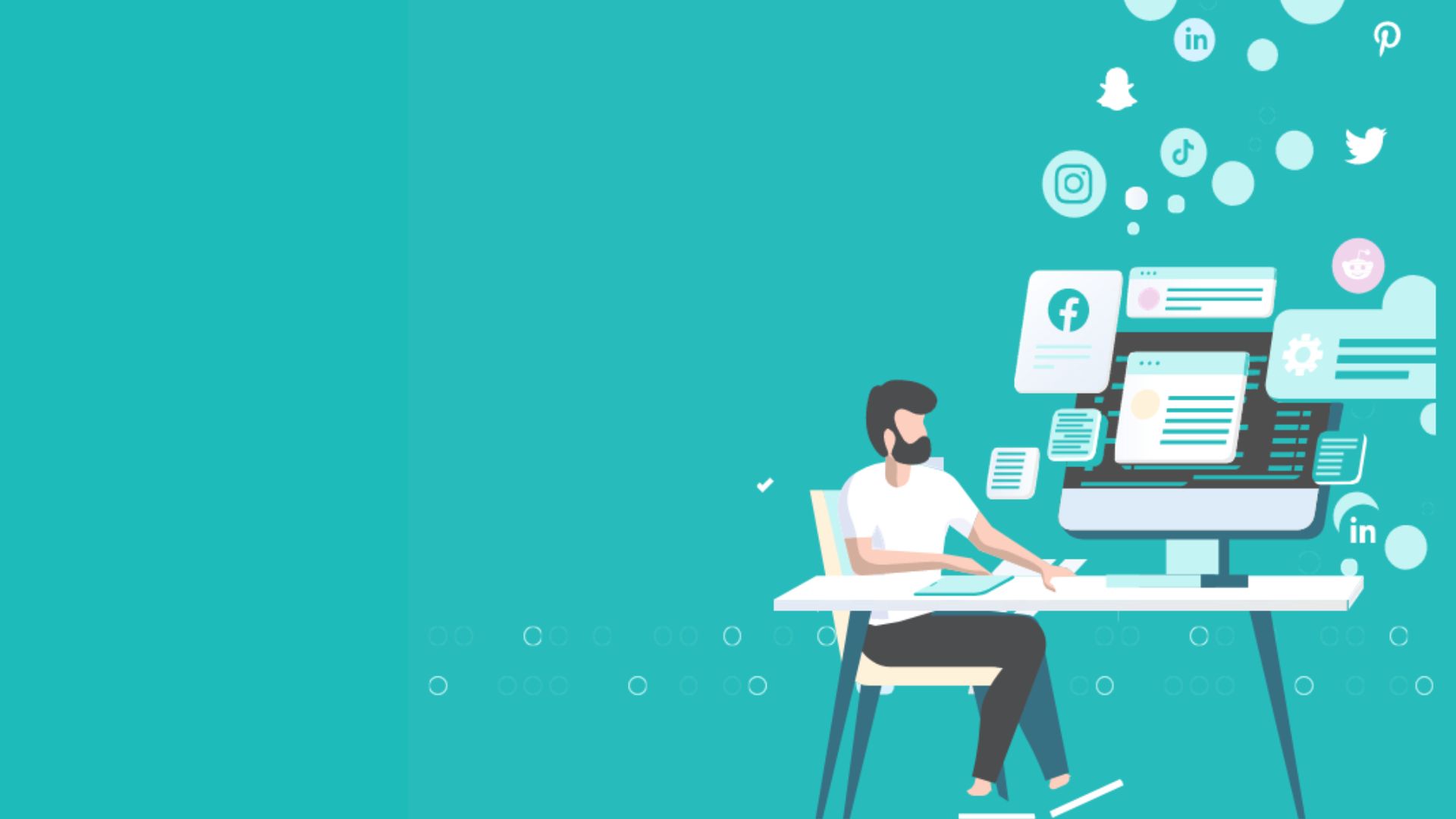 Fond bleu avec illustration d'un homme assis à un bureau avec des icones réseaux sociaux qui volent