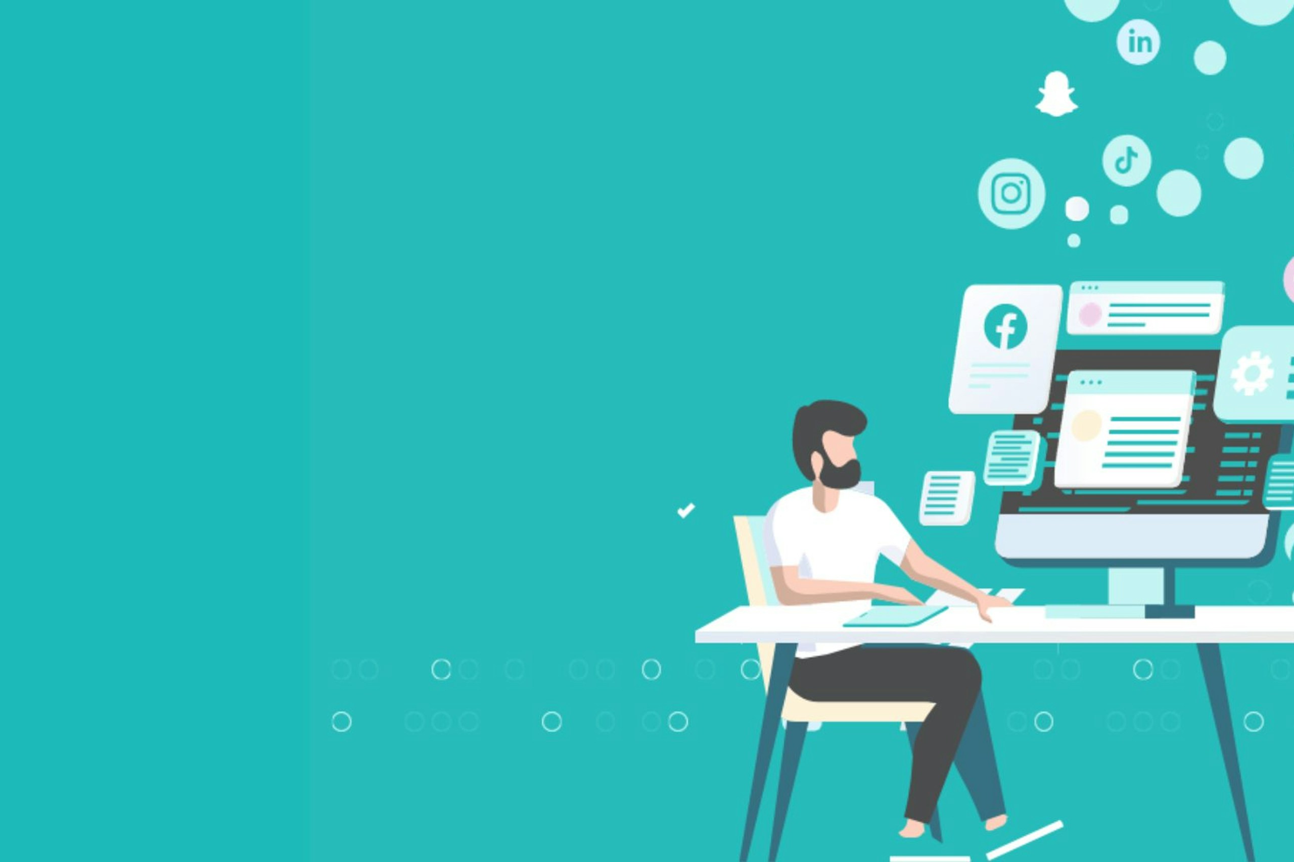 Fond bleu avec illustration d'un homme assis à un bureau avec des icones réseaux sociaux qui volent