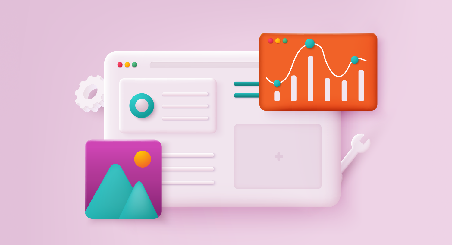 Illustration showing a computer screen with different icons and tools with a bright orange bar graph. Brand tracking tools and software blog.