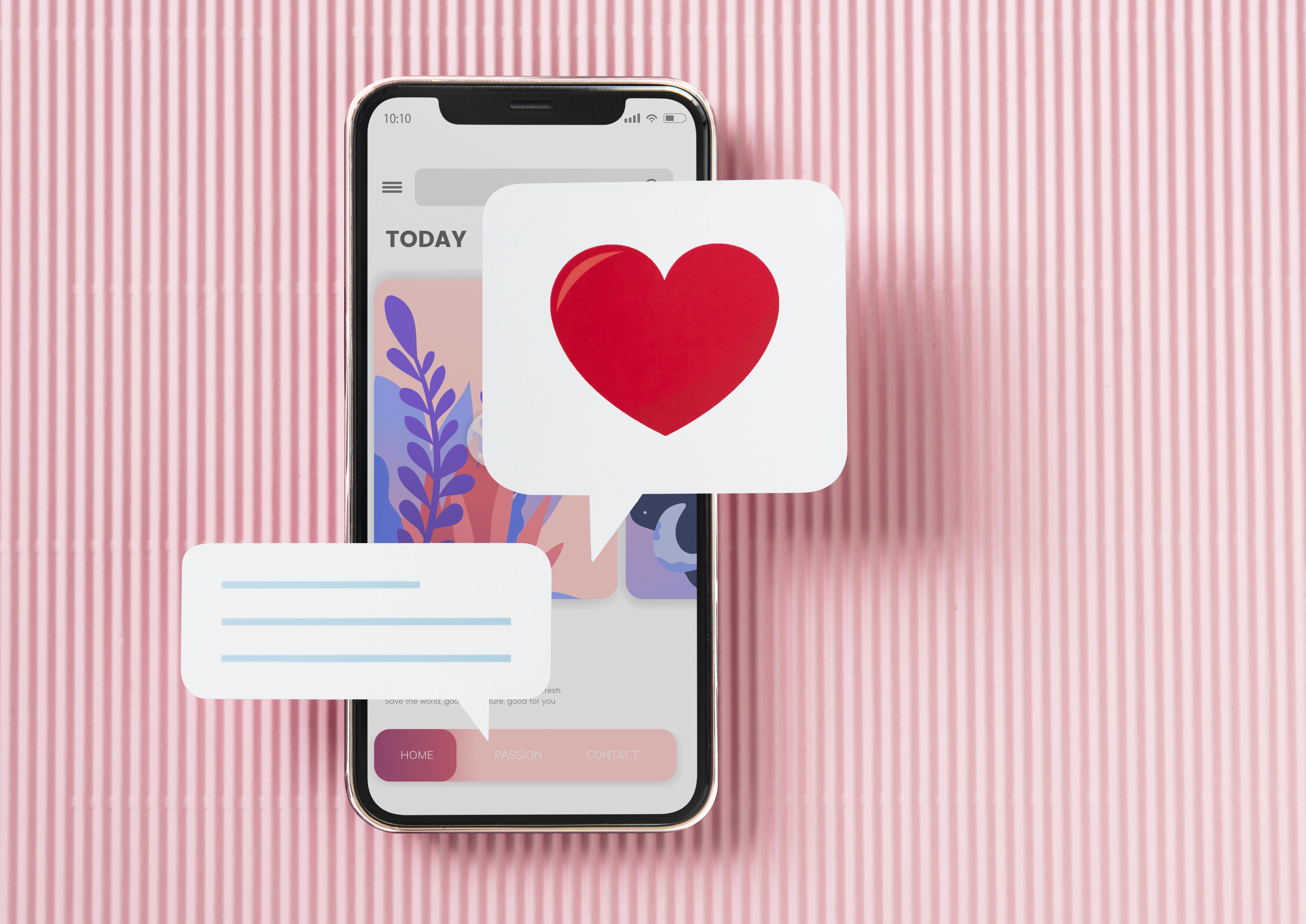 A phone on a pink stripped background with speech bubbles popping out. 