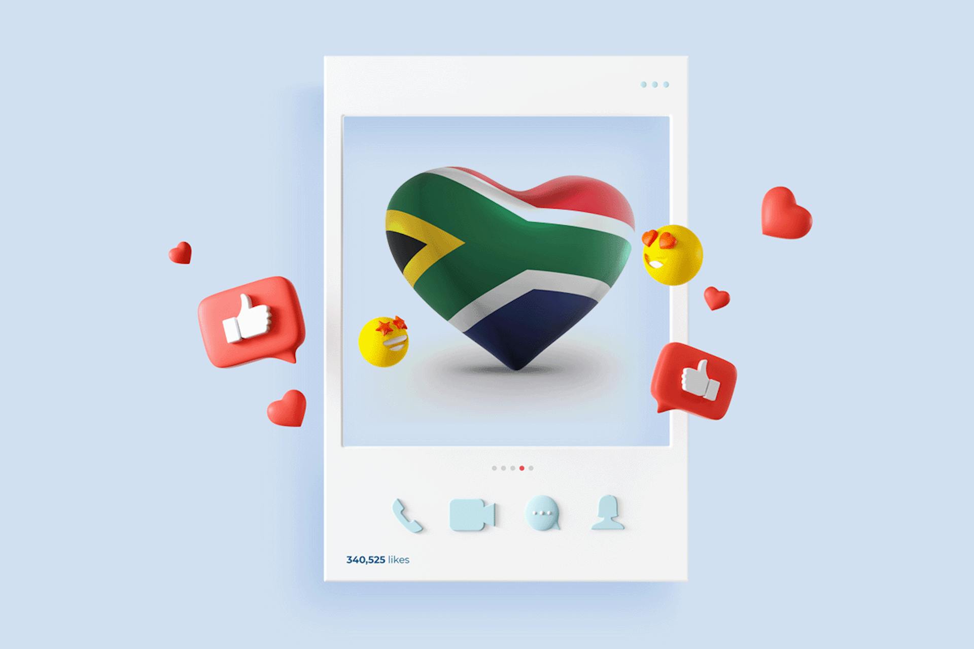 A 3D rendering of an Instagram post with the South African flag in the center in the shape of a heart with several emoticons floating around it