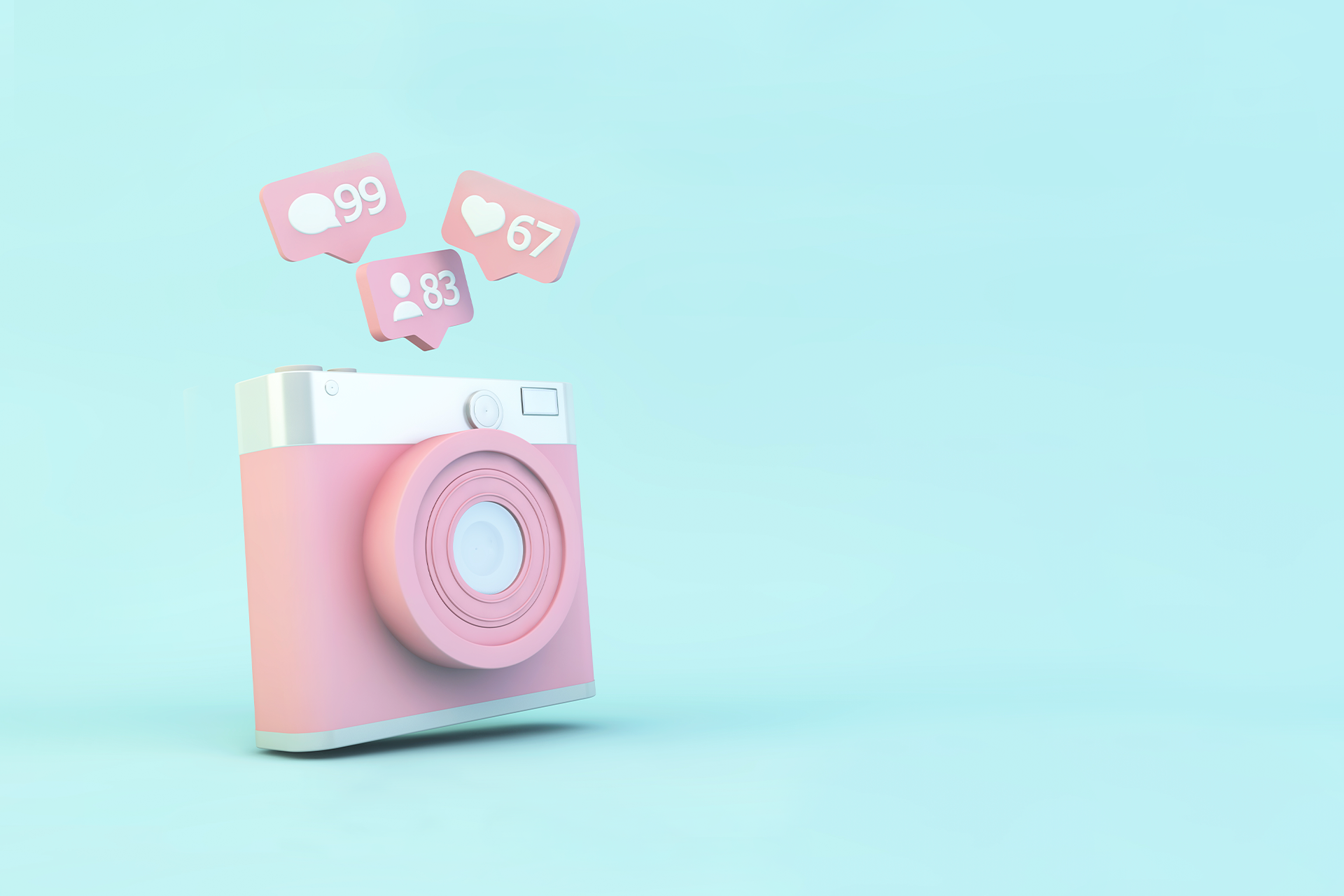 Pink 3D Instagram logo camera with like icons. Hero image for How to do Instagram Marketing blog.