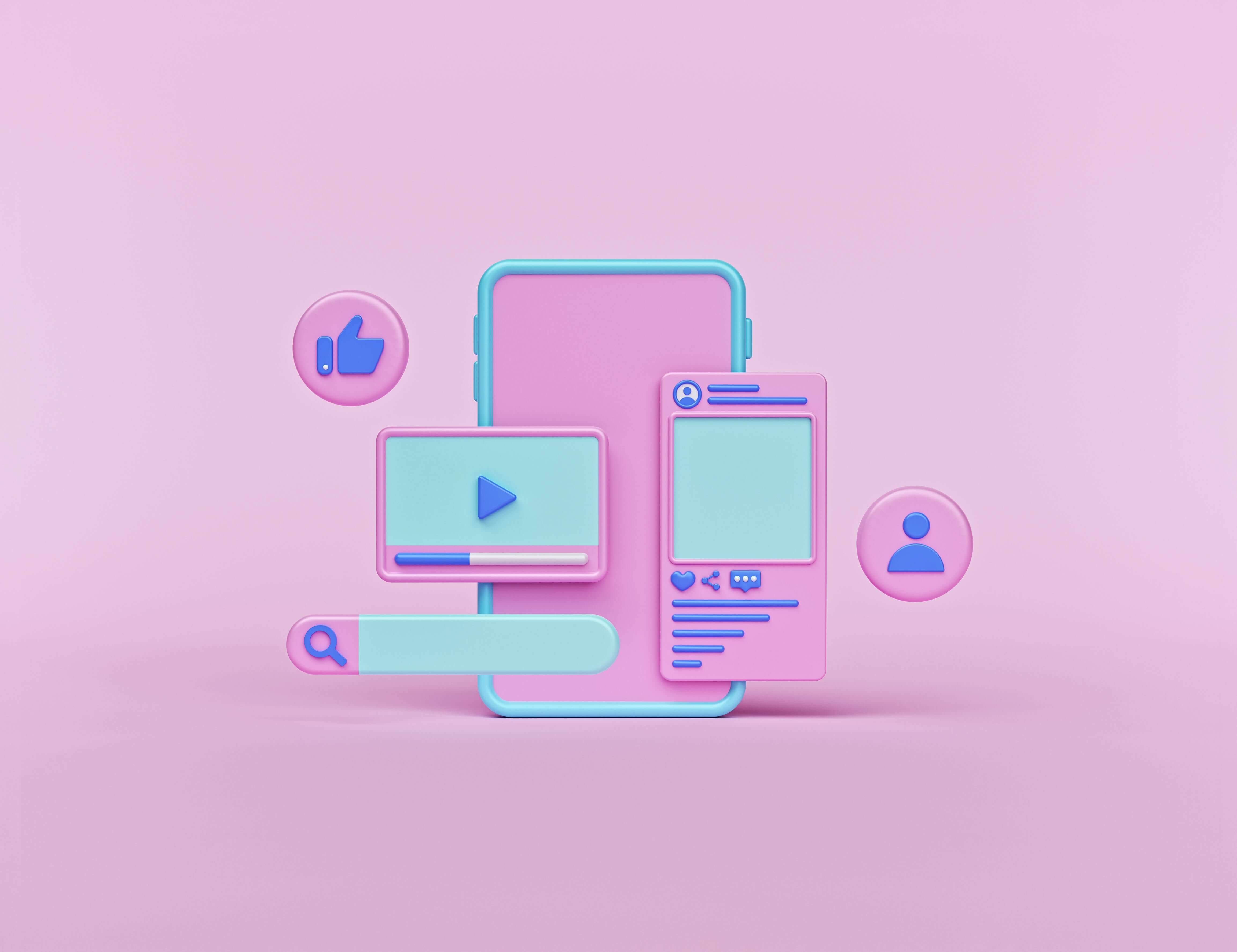 Man sieht einen pinken Hintergrund mit knetartigen Social Media Elementen darauf. Beispielsweise einen Videoplayer, ein Like, Einen Post und eine Suche. Das Bild ist das Titelbild unseres Beitrags zu Social Media Walls.