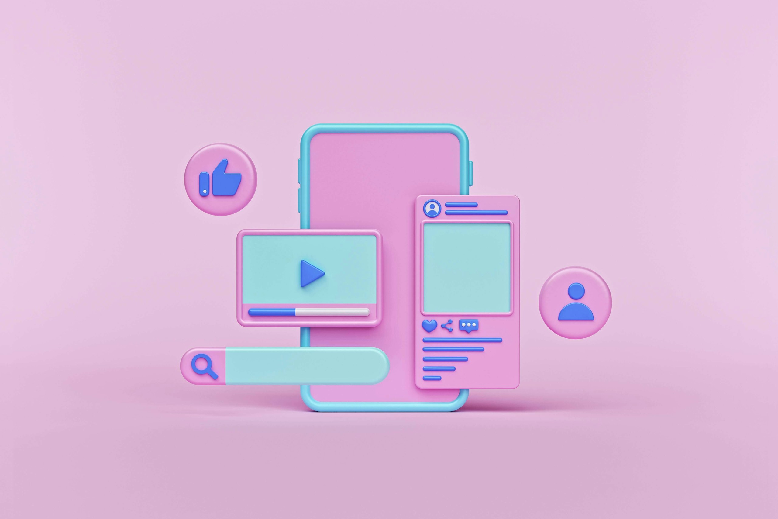 Man sieht einen pinken Hintergrund mit knetartigen Social Media Elementen darauf. Beispielsweise einen Videoplayer, ein Like, Einen Post und eine Suche. Das Bild ist das Titelbild unseres Beitrags zu Social Media Walls.