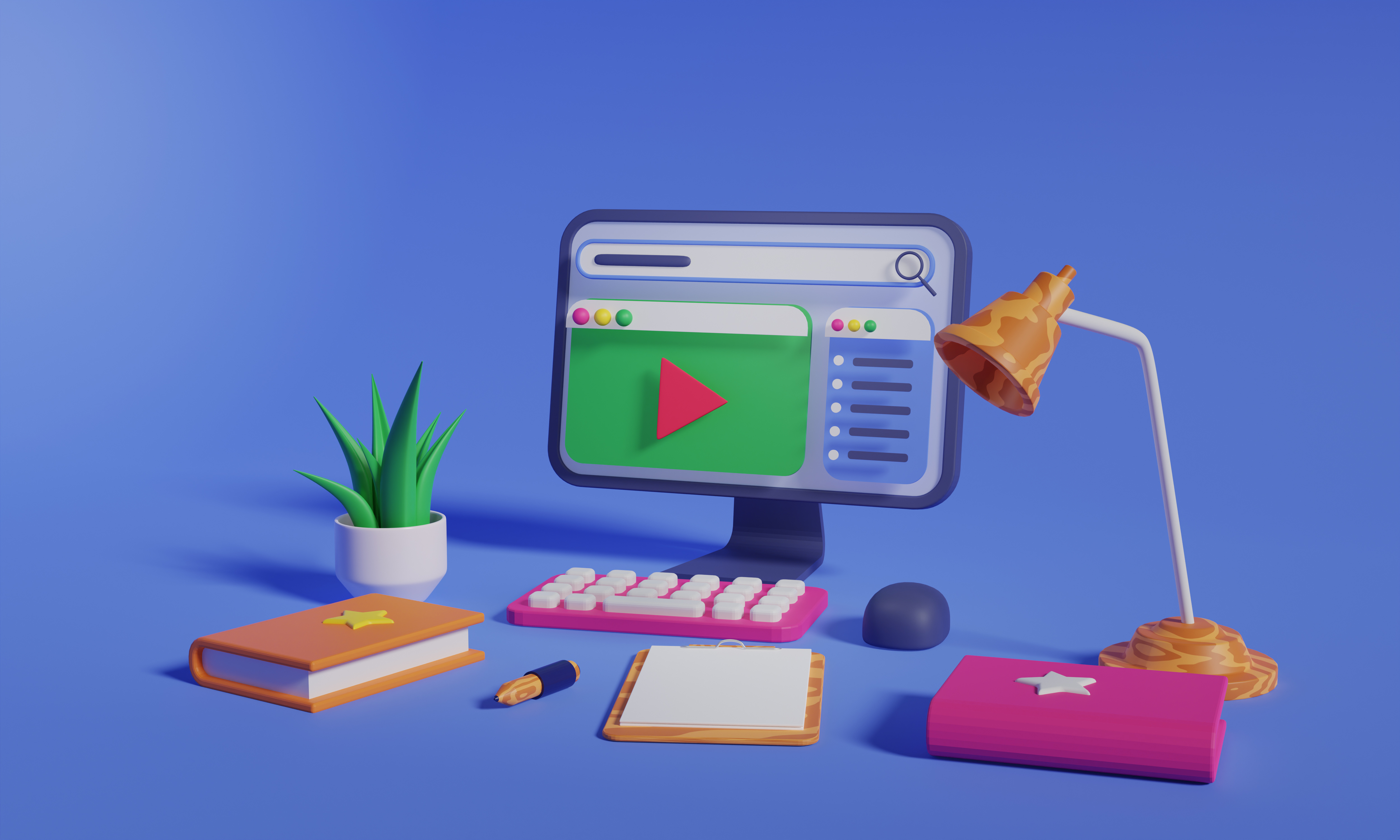 青い背景に赤い再生マークが表示されているPCやキーボード、デスクライトや植物、本やメモ帳などが配置されている3Dレンダー画像