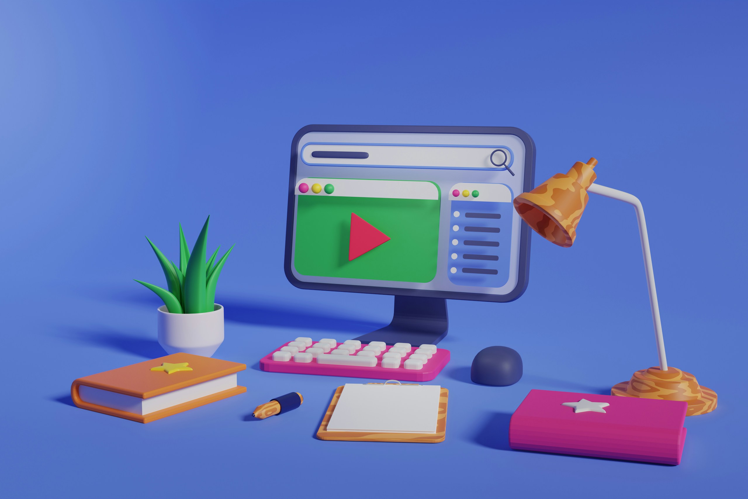 青い背景に赤い再生マークが表示されているPCやキーボード、デスクライトや植物、本やメモ帳などが配置されている3Dレンダー画像