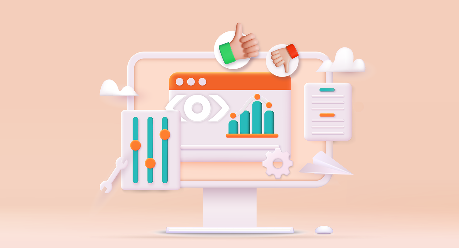 In illustration of a computer featuring a variety of graphs, representing reputation monitoring software.