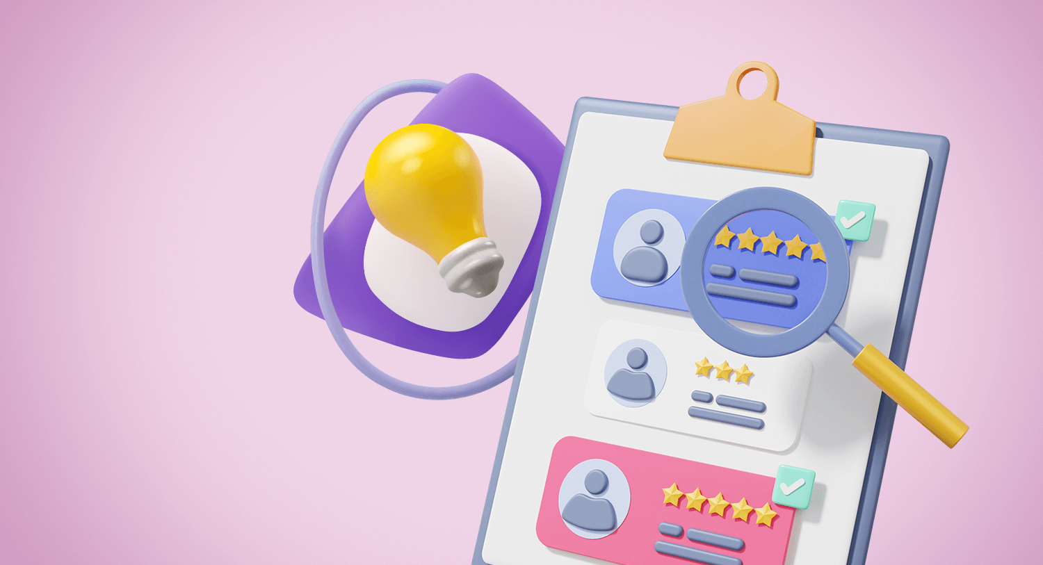 Illustration showing a clipboard with various reviews for different companies under a magnifying glass. How to hire a marketing firm blog post