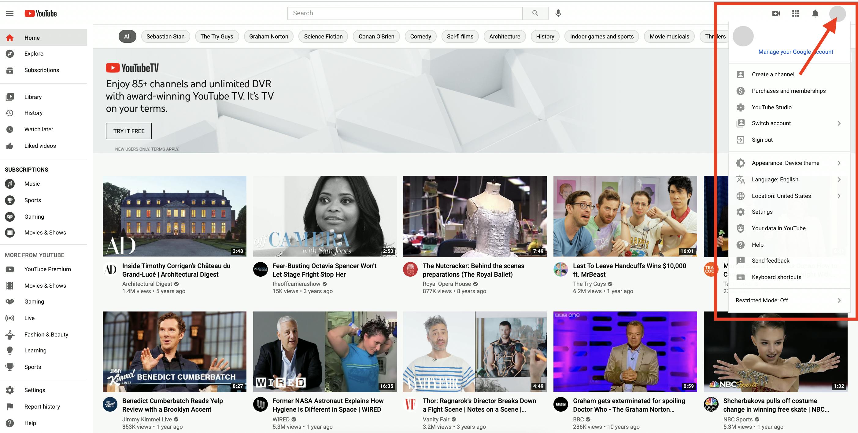 Image showing pop-up menu from clicking YouTube profile image from the YouTube homepage