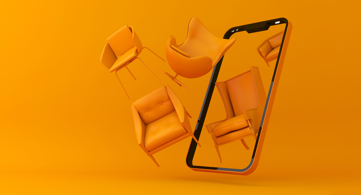 Illustration d'un smartphone avec différents types de meubles entrant dans l'espace réel à l'extérieur du téléphone. Guide ultime de la réalité augmentée