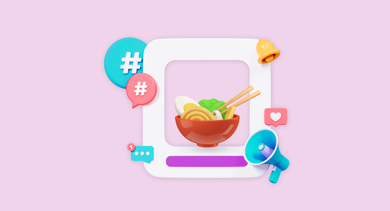 3D Illustration of food in an Instagram post as the title image for our blog with the top food influencers in Malaysia