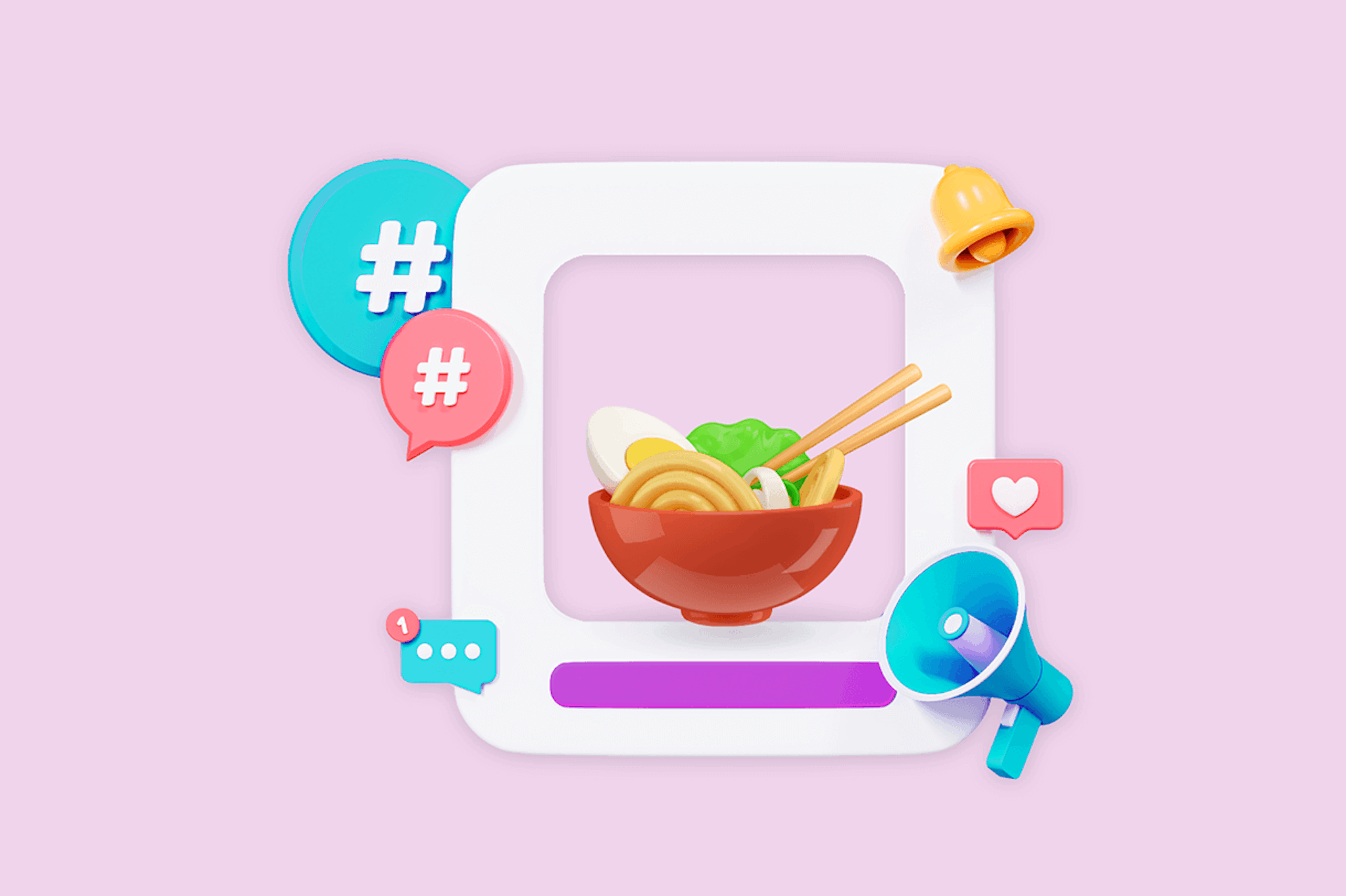 3D Illustration of food in an Instagram post as the title image for our blog with the top food influencers in Malaysia