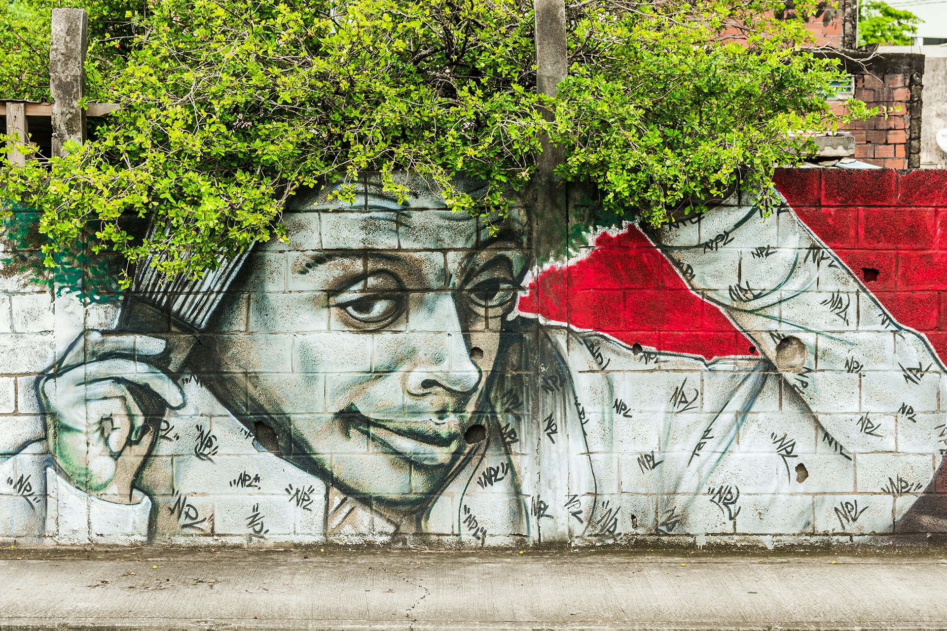 A graffiti-covered wall with the image of a man creates the illusion that a tree's foliage is the person's hair. This is an example of the tactics often used in guerrilla marketing