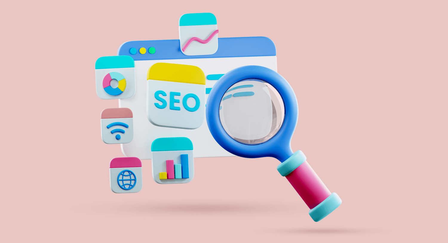 Image showing a large magnifying glass over a webpage with wifi symbols and a graph on the left hand side. SEO content writing blog post and guide