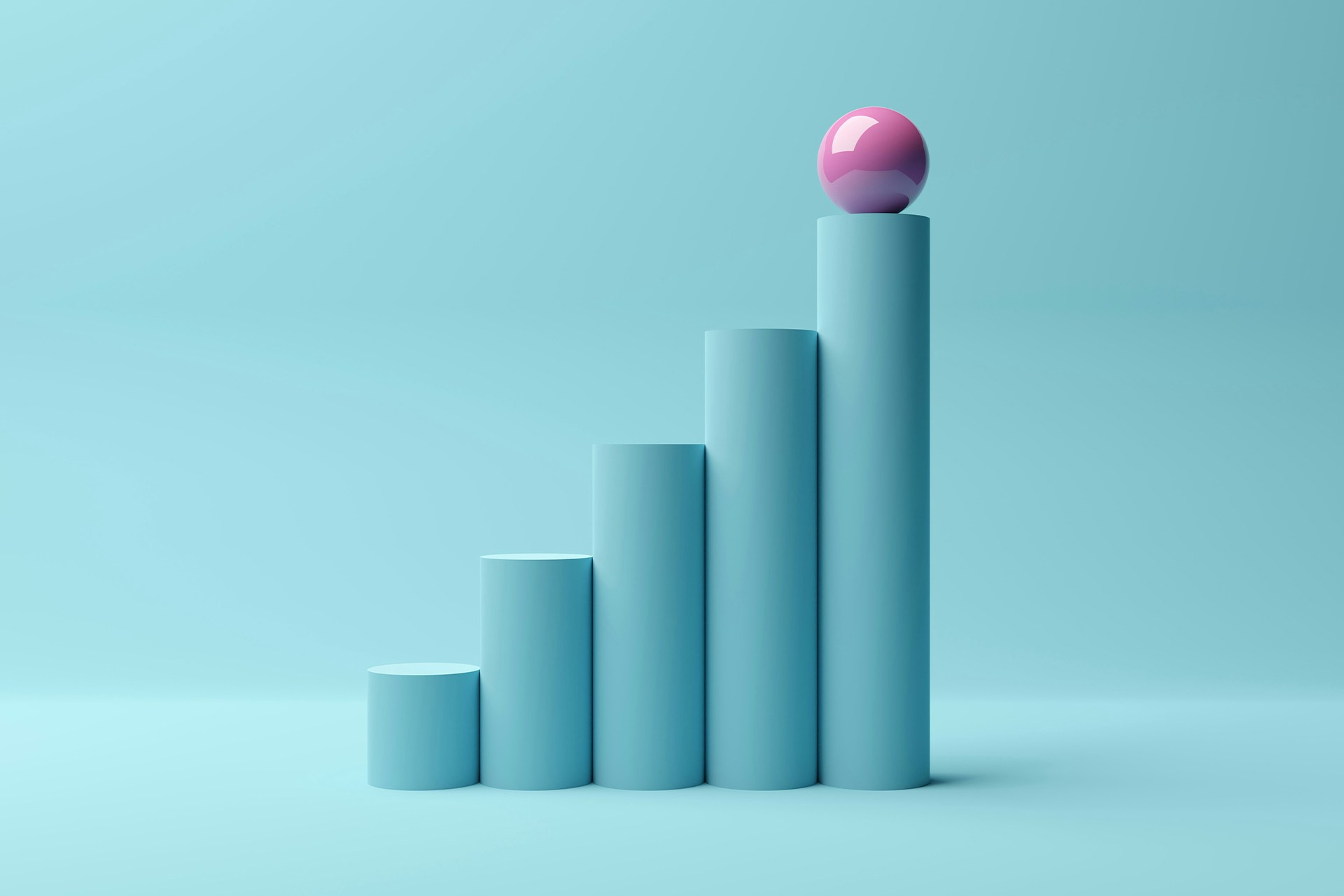 An image from a blog on social media reporting of a series of teal cylinders stacked in ascending order to form a graph. There is a pink sphere atop the tallest teal cylinder.