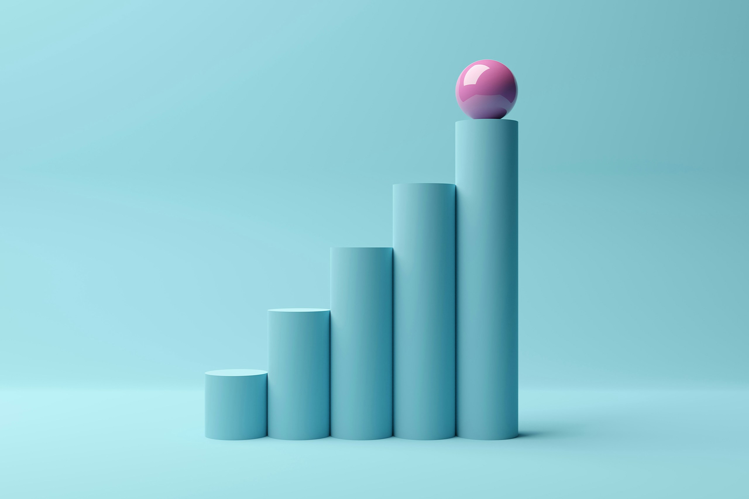 Image tirée d'un blog sur les médias sociaux représentant une série de cylindres de couleur sarcelle empilés par ordre croissant pour former un graphique. Le cylindre sarcelle le plus haut est surmonté d'une sphère rose. Article de blog sur l'optimisation des rapports sociaux, y compris un modèle gratuit de rapport sur les médias sociaux.