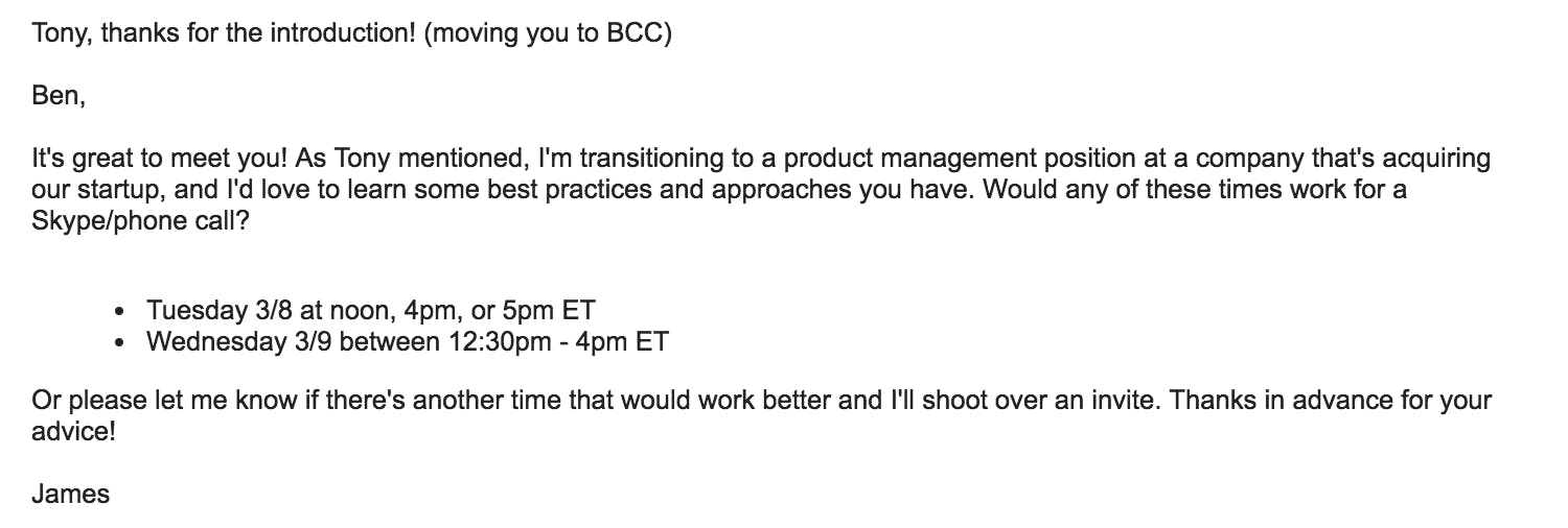An example of an email offering details about possible dates for a meeting