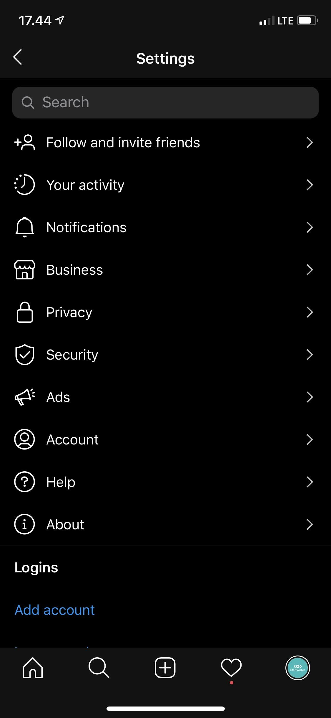A screenshot of the Setting list within Instagram