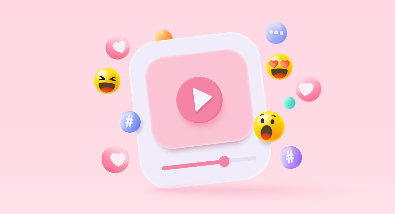 Large pink video play button surrounded by different emoji expressions, like and hashtag symbols. Best social media marketing examples blog post