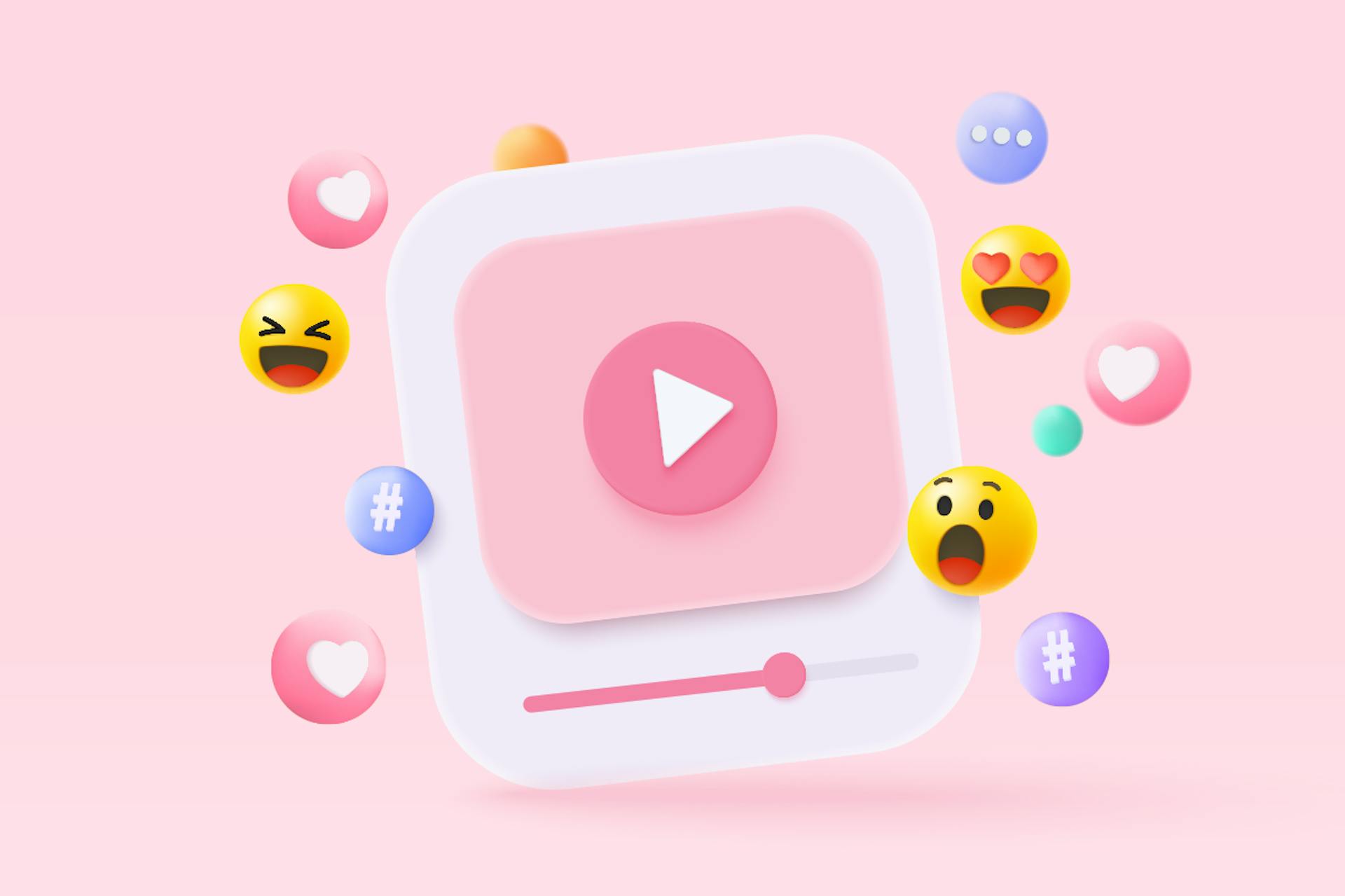 Large pink video play button surrounded by different emoji expressions, like and hashtag symbols. Best social media marketing campaigns blog post