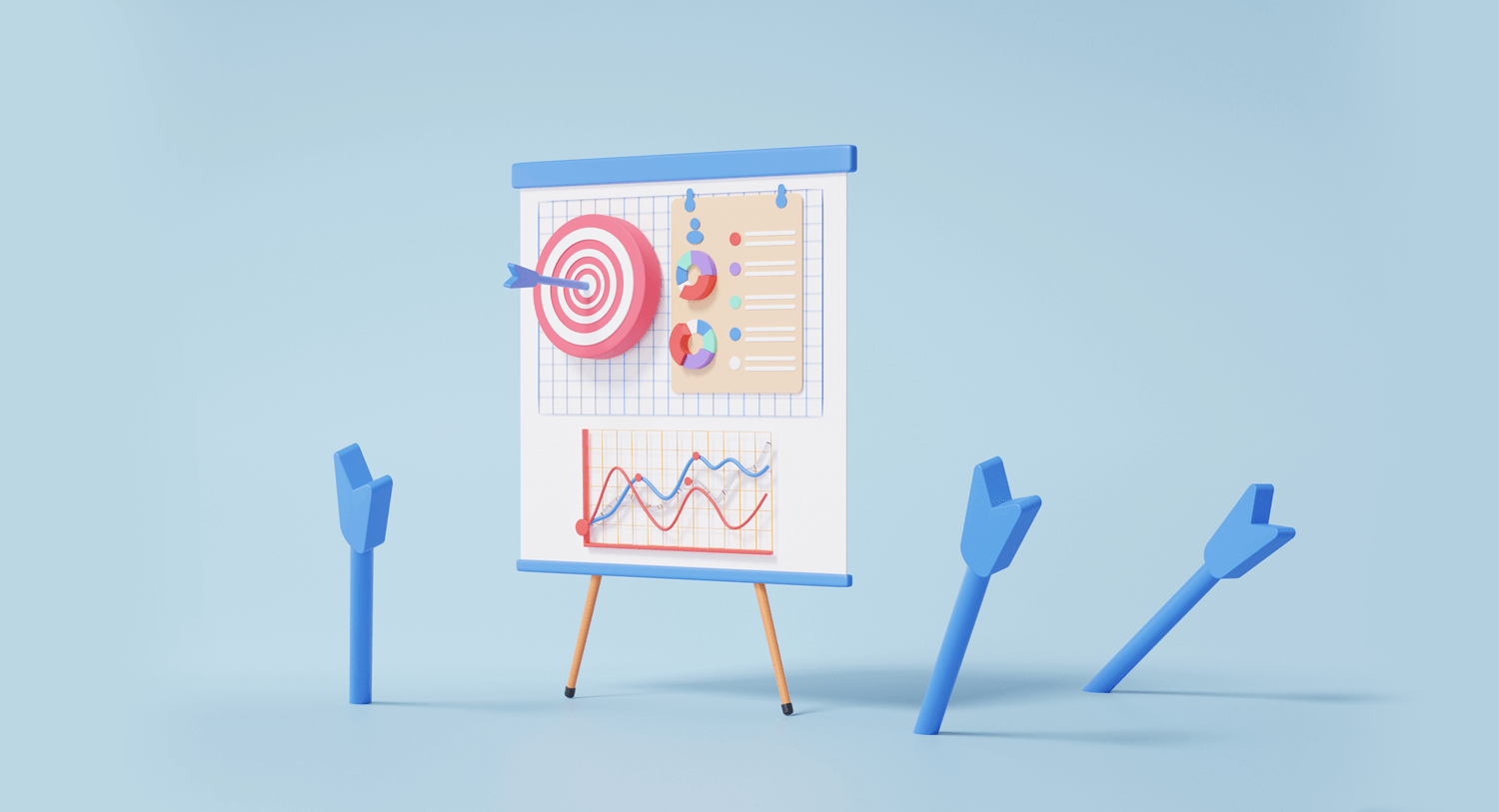 Image showing a large easel with a dart board and graphs. The dart board has a blue arrow in the bullseye and the easel is surrounded by other arrows that missed the mark. Customer intelligence analytics blog post.