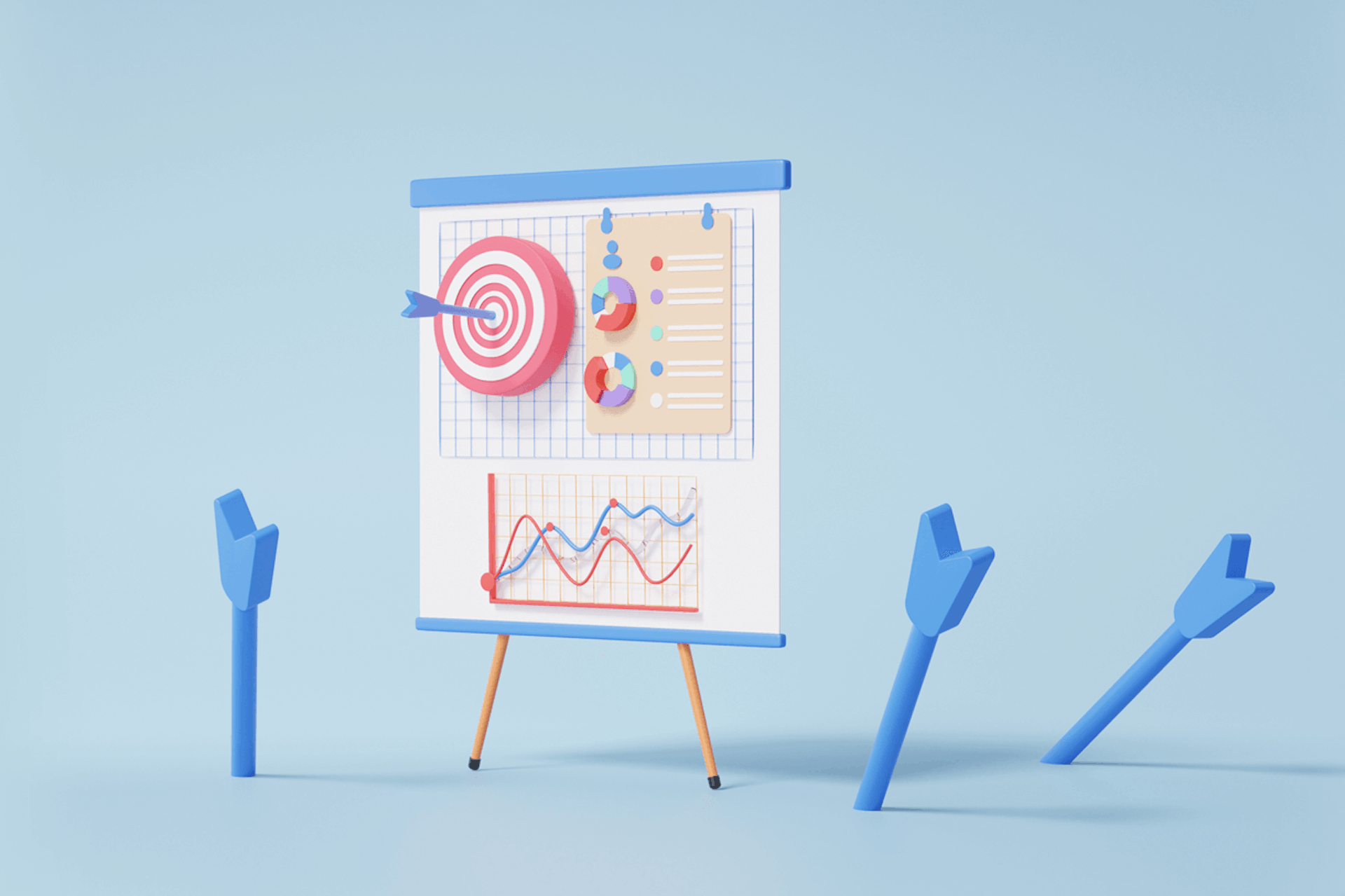 Image showing a large easel with a dart board and graphs. The dart board has a blue arrow in the bullseye and the easel is surrounded by other arrows that missed the mark. Customer intelligence analytics blog post.