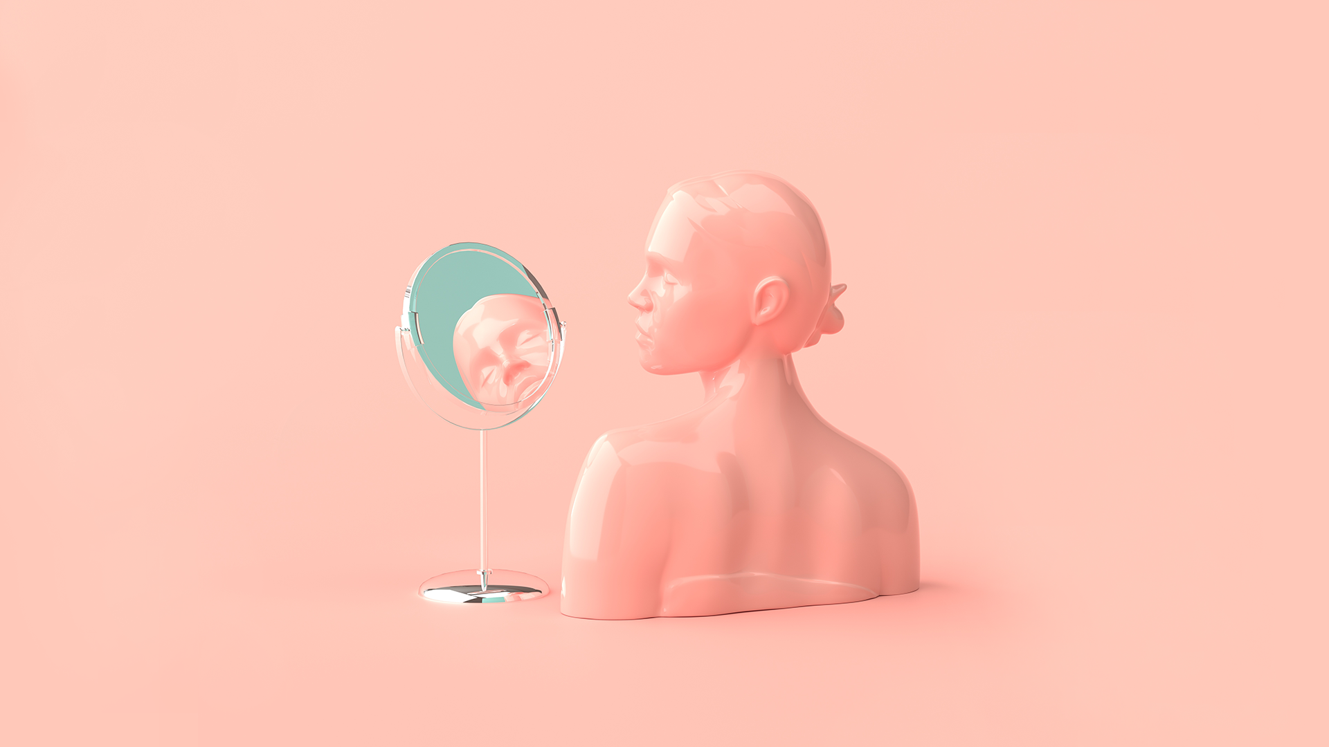pink mannequin woman looking into mirror