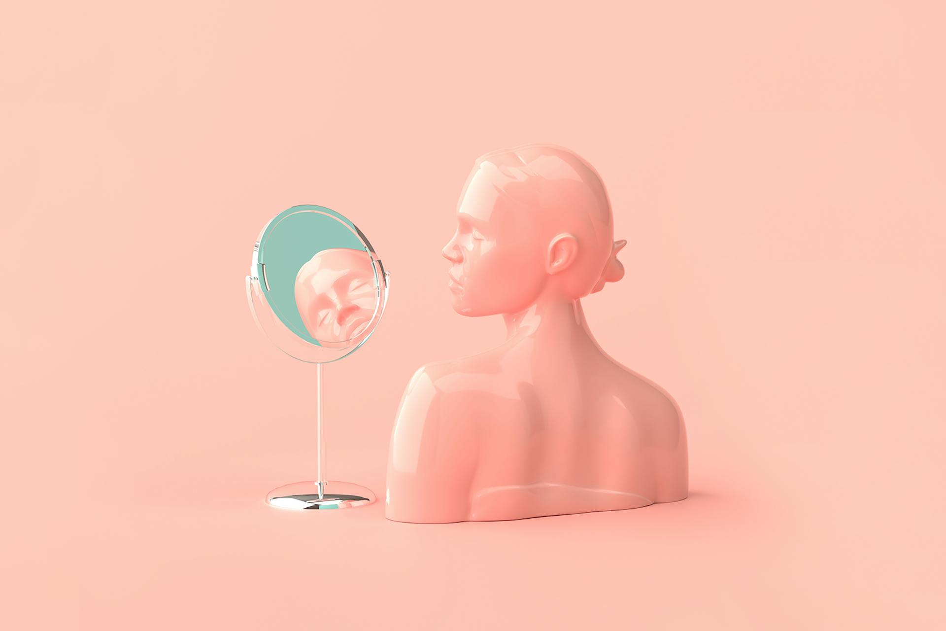 pink mannequin woman looking into mirror