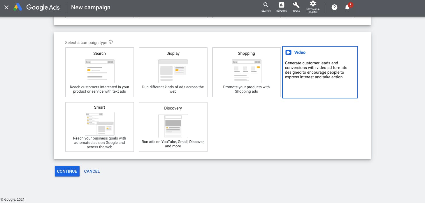 Choose Video option within GoogleAds, starting point for creating an ad on YouTube