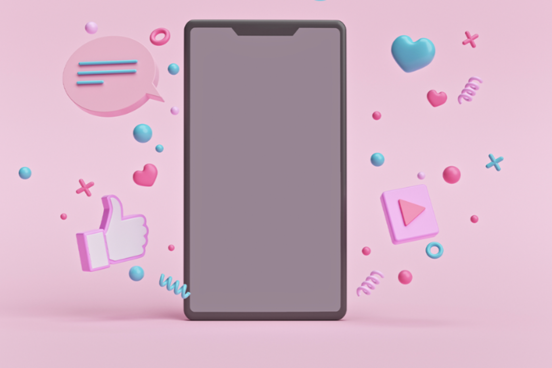 Ein Handybildschirm vor rosa Hintergrund umgeben von kleinen Symbolen wie ein Like Button, ein Plax Button und kleinen rosa Bällen.