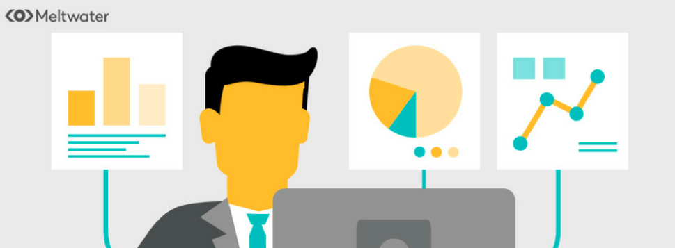 Illustration of a man using a desktop computer with graphs on the wall behind him