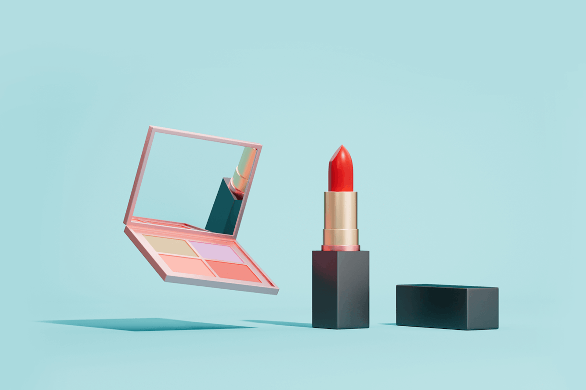 Image showing an open red lipstick next to a small floating makeup palette, on a pale blue background. Beauty influencers global list, blog post.