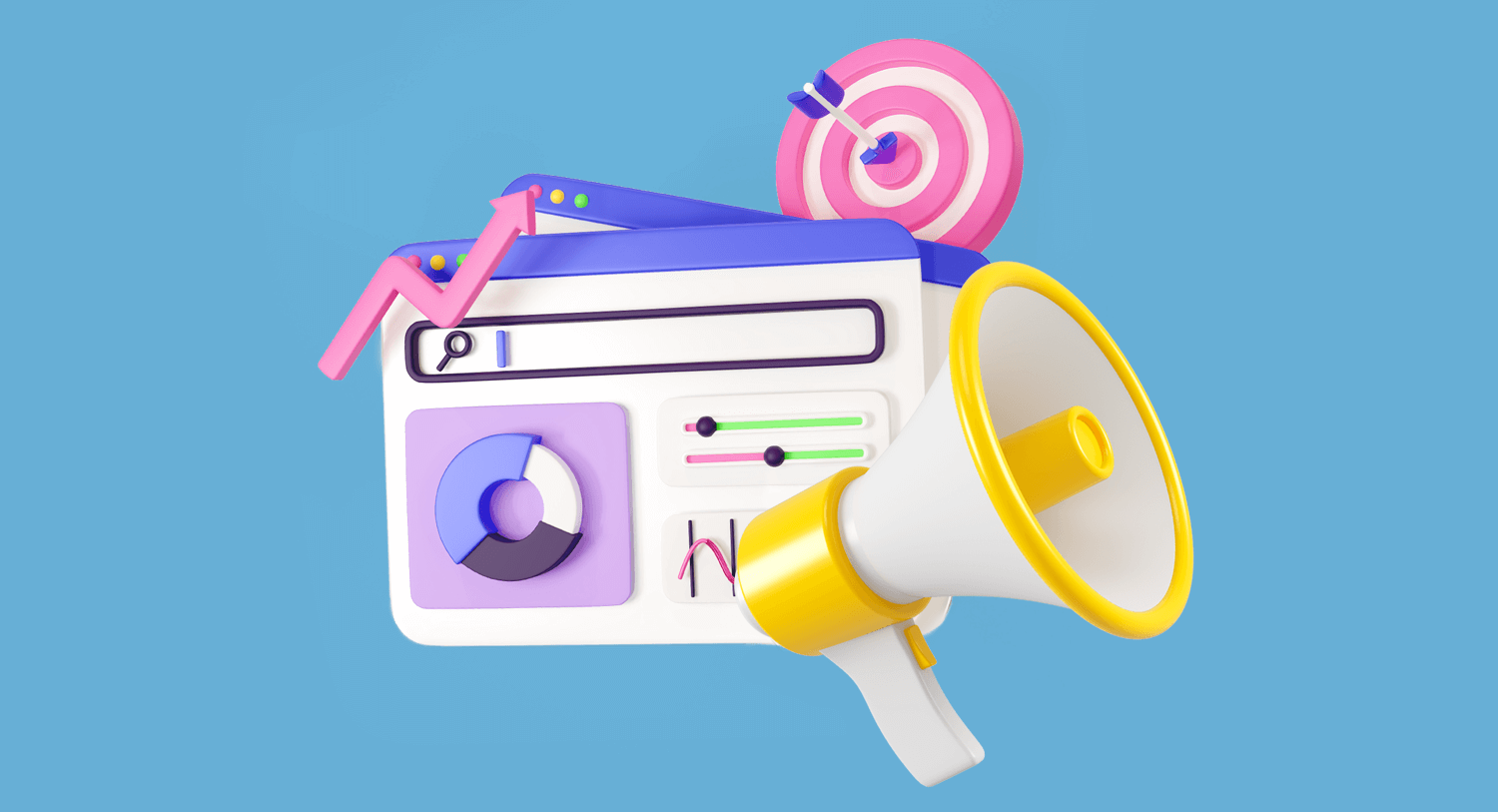 Image showing a large yellow and white megaphone in front of social media profiles and a pink and white target with a purple arrow in the bullseye. Marketing communication strategy blog post.