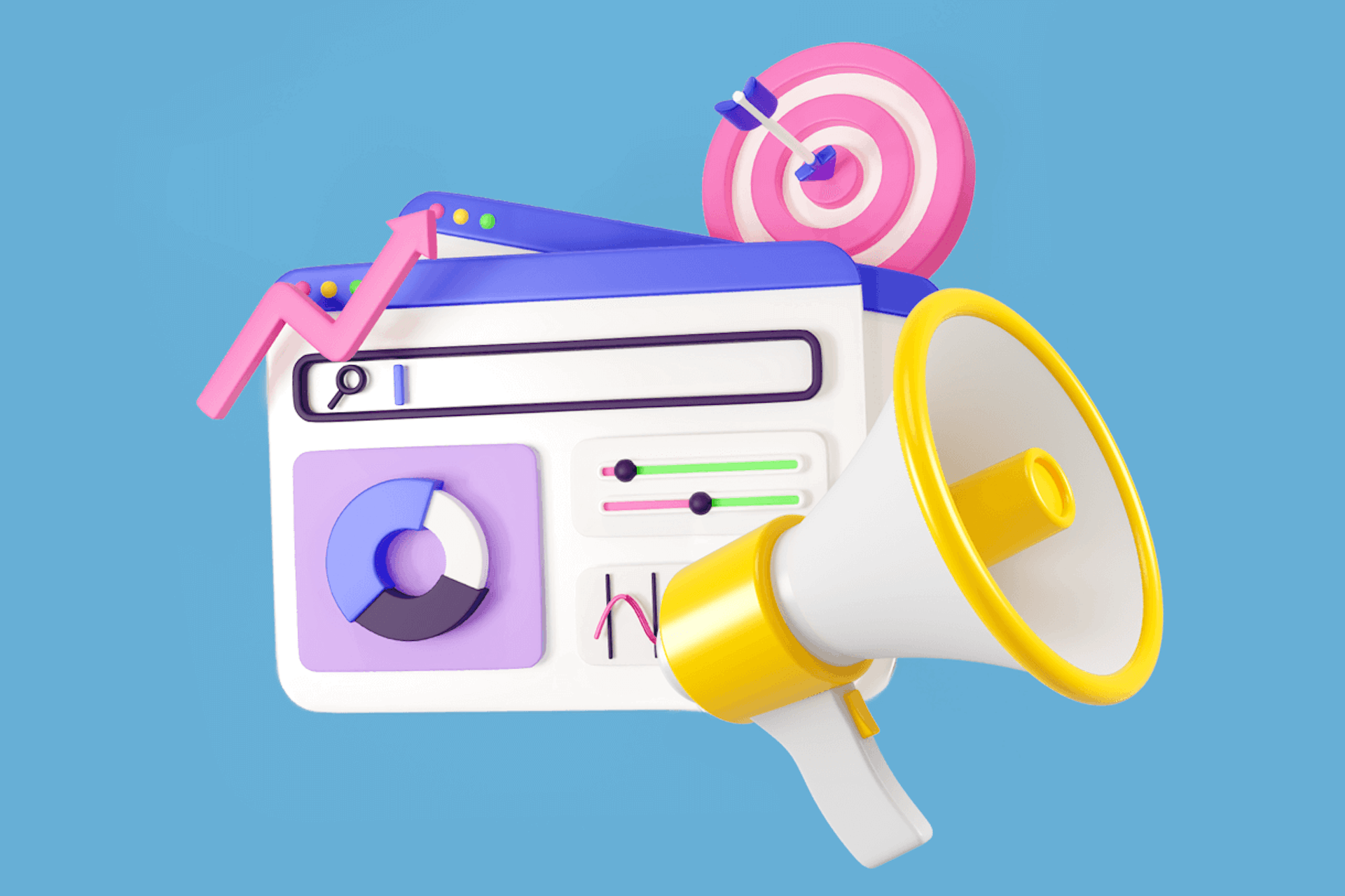 Image showing a large yellow and white megaphone in front of social media profiles and a pink and white target with a purple arrow in the bullseye. Marketing communication strategy blog post.