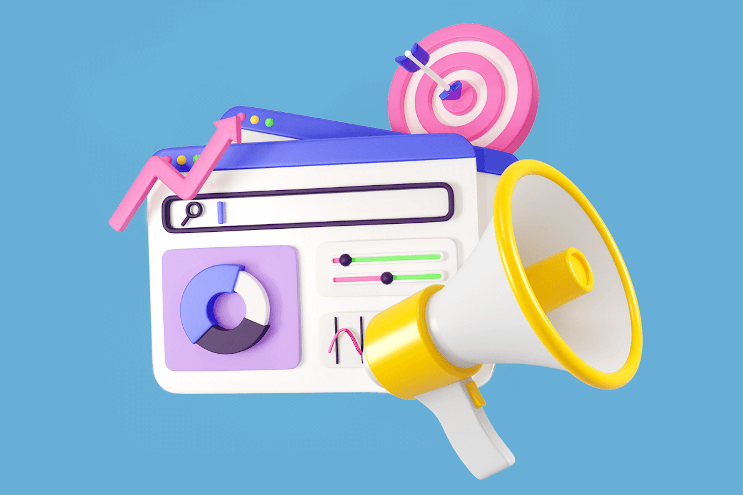 Das Bild zeigt ein großes gelbes und weißes Megaphon vor Social-Media-Profilen und eine rosa und weiße Zielscheibe mit einem lila Pfeil im Bullseye. Blogbeitrag zur Marketing-Kommunikationsstrategie.