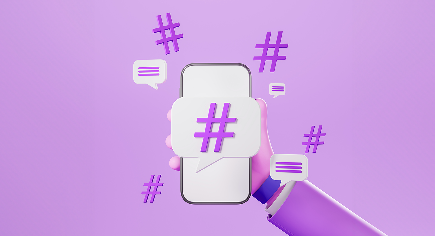 Image of a cartoon hand holding a phone, on a dark purple background. In front of the phone is a large hashtag symbol inside a speech bubble. The phone is surrounded by other hashtag symbols. Image for a blog post on how to use hashtags 