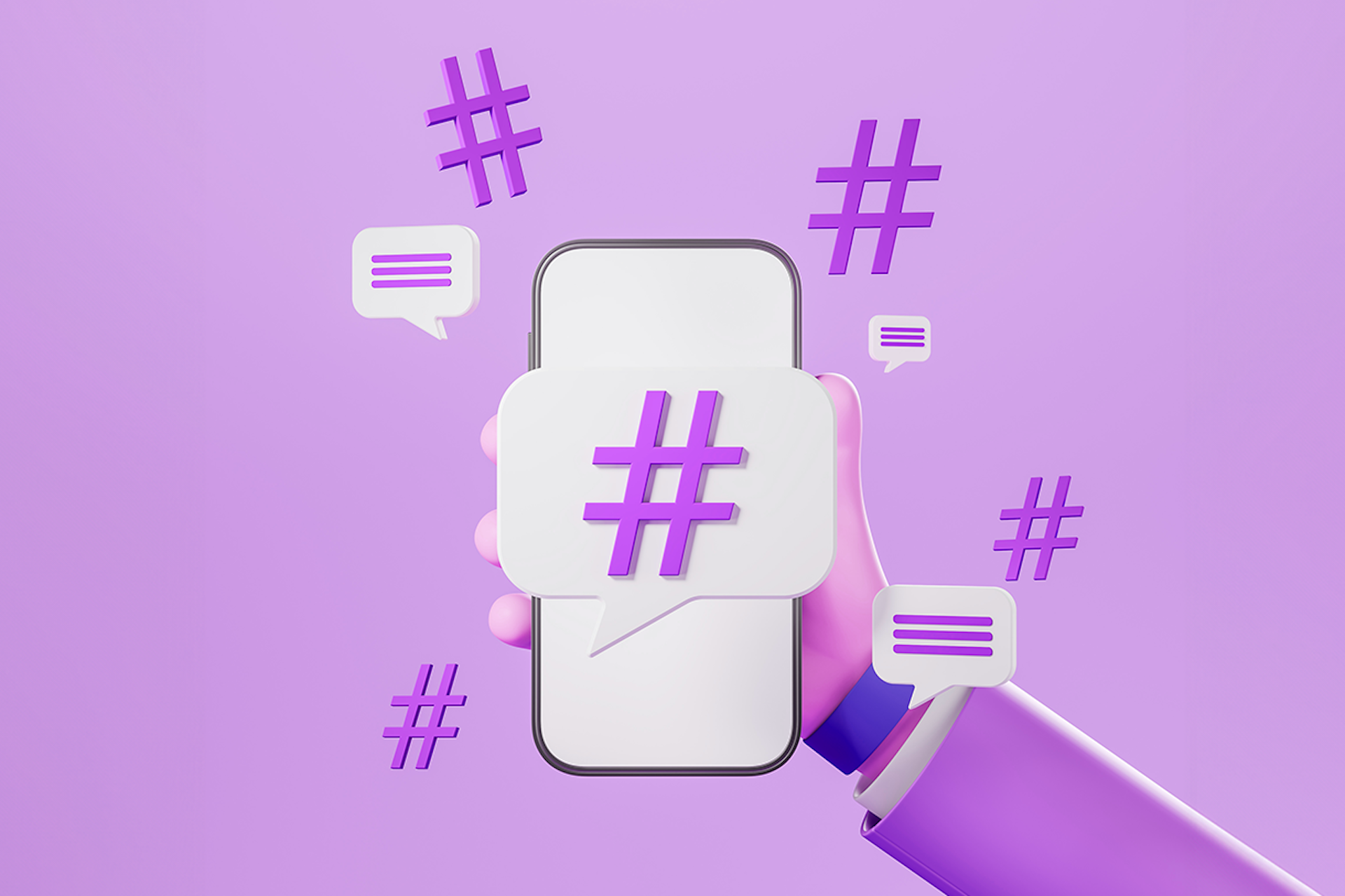 Image of a cartoon hand holding a phone, on a dark purple background. In front of the phone is a large hashtag symbol inside a speech bubble. The phone is surrounded by other hashtag symbols. Image for a blog post on how to use hashtags 