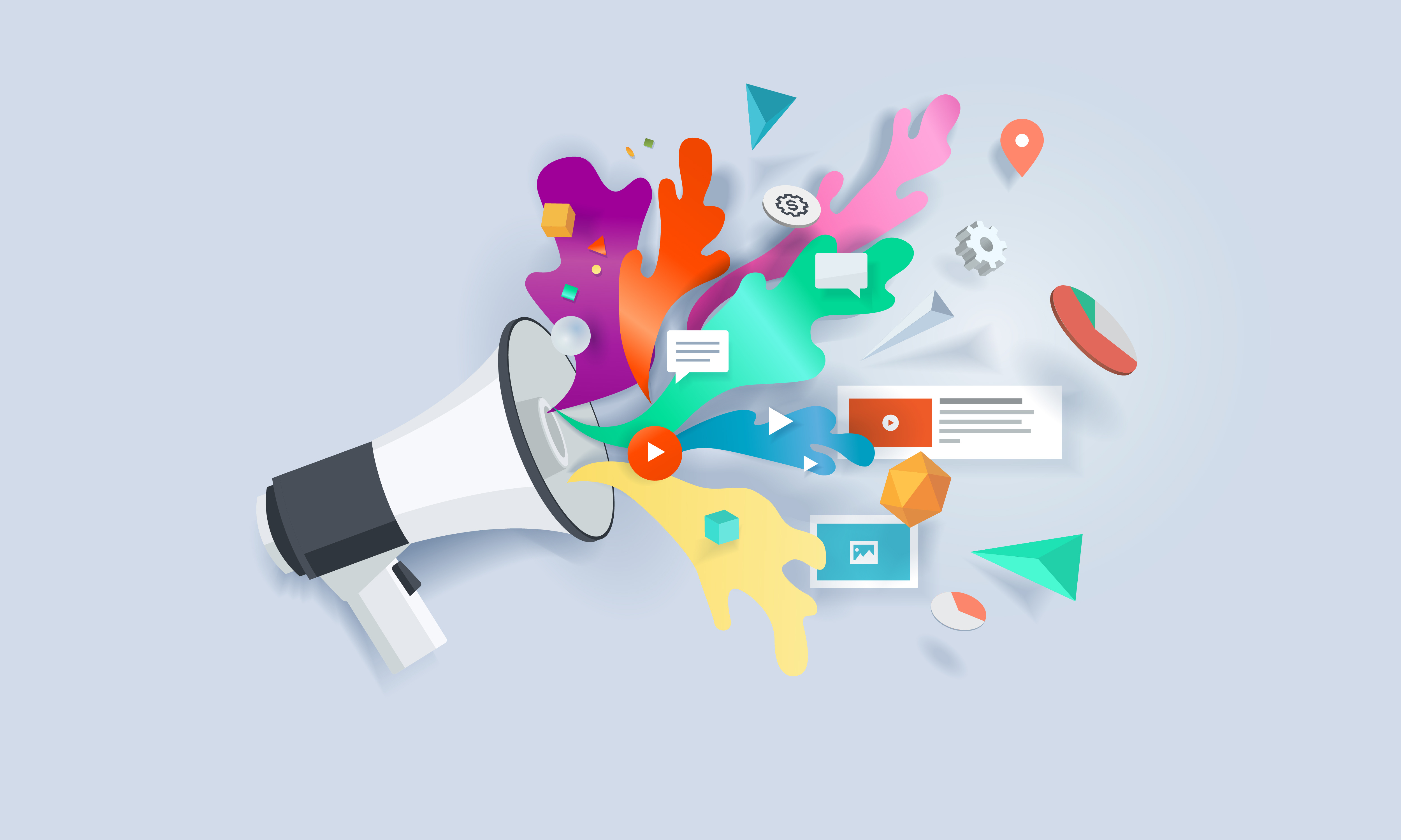 Ein Megafon auf hellblauen Hintergrund aus dem verschiedene Farbkleckse und Icons herauskommen wie ein Standort Icon, Einstellungen Icon, Play Icon usw.