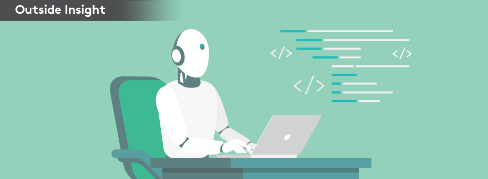 Robot illustration with code tags as a metaphor for AI